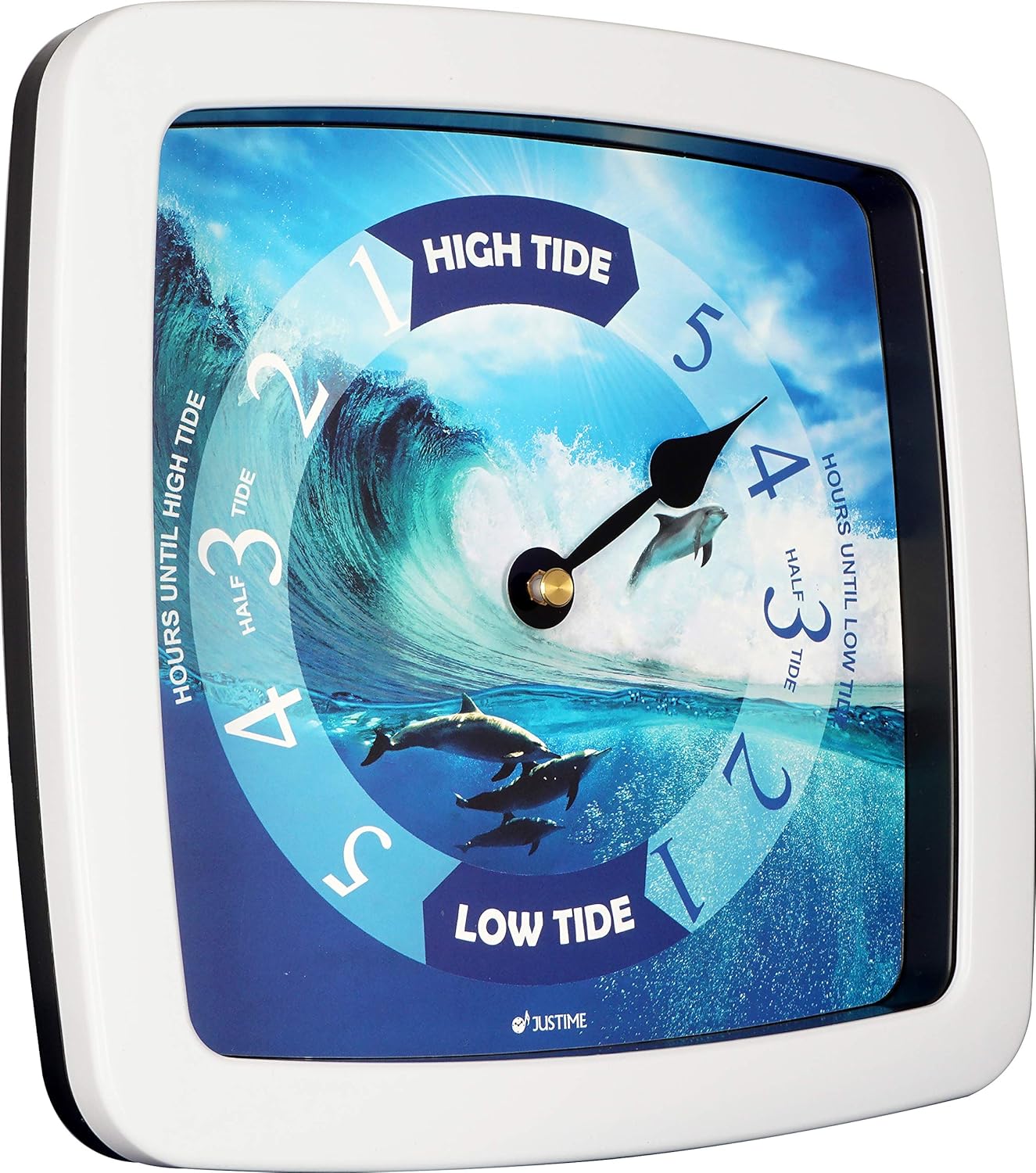 JUSTIME 8.5 Inch Atlantic Tide Clock for East Coast, High Tide Low Tide Clock with Plastic Water Resistant Case, Colorful Graphics Designed Home Wall Décor (TT424WT Dolphin)