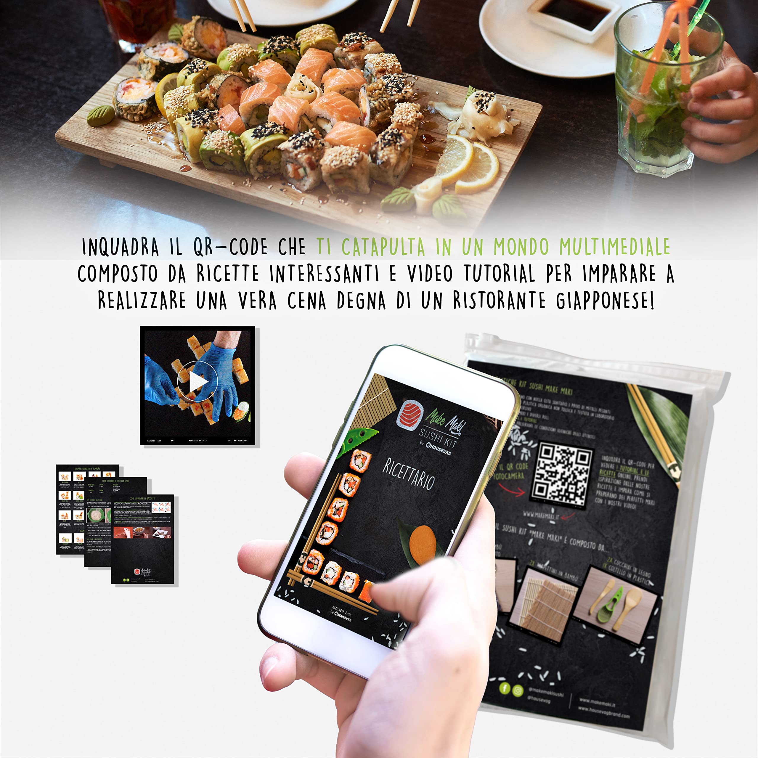Make Maki Kit Sushi 10 Pezzi in Bamboo sushi kit Sushi Maker per Cibo Giapponese con Bacchette Giapponesi Set Sushi Certificato Omaggio Ricettario E Video Tutorial