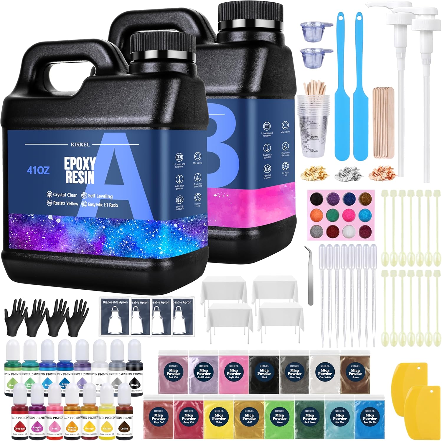 KISREL 82oz Clear Epoxy Resin Kit: 15 Pigments, 15 Mica Powders, No Yellowing, Bubble-Free for Crafts, Jewelry, Wood Molds