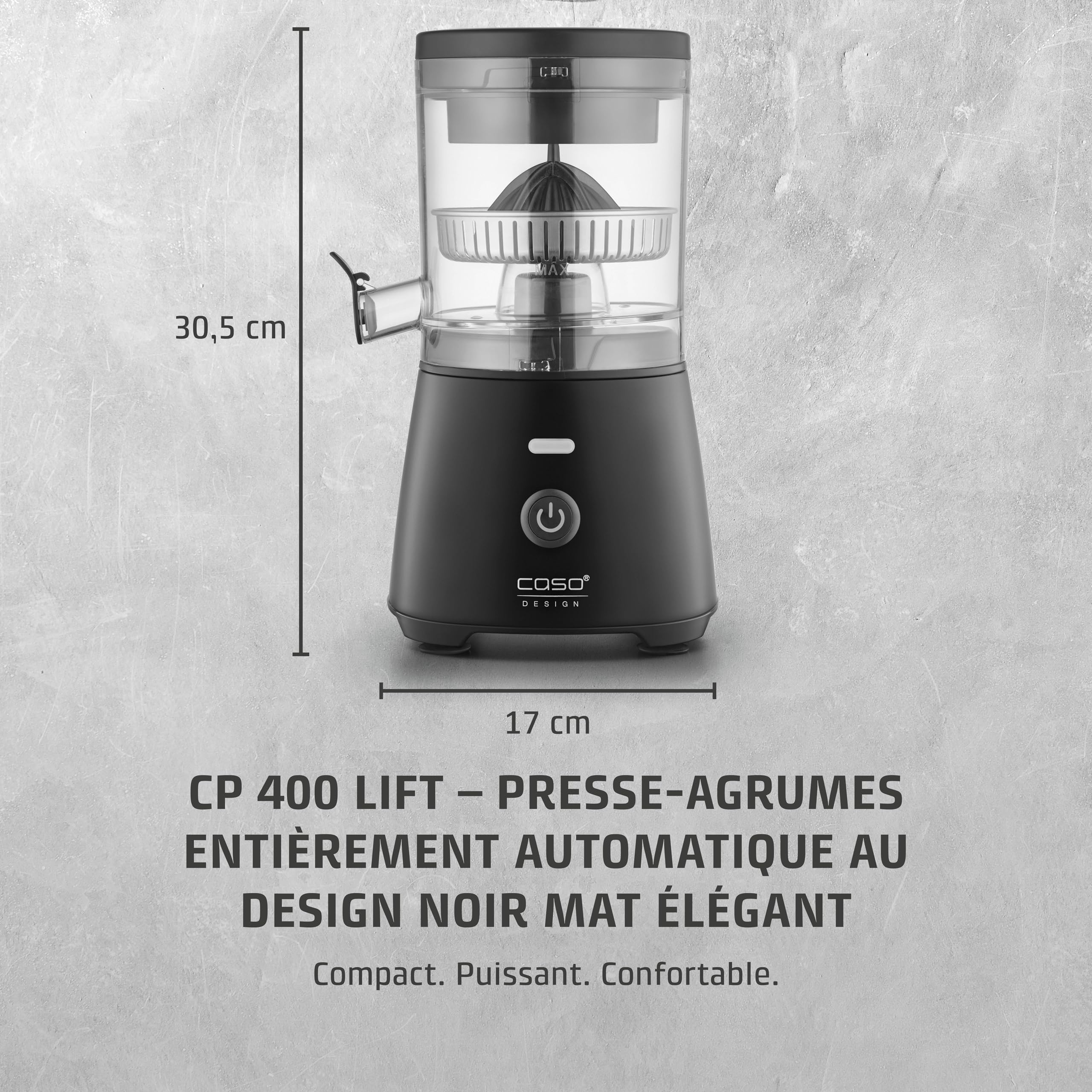 CASO CP 400 Lift - Presse agrume electrique avec cône universel pour oranges et agrumes, 300 W, anti-éclaboussures, extraction élevée du jus, pieds à ventouse, sans BPA, compatible lave-vaisselle