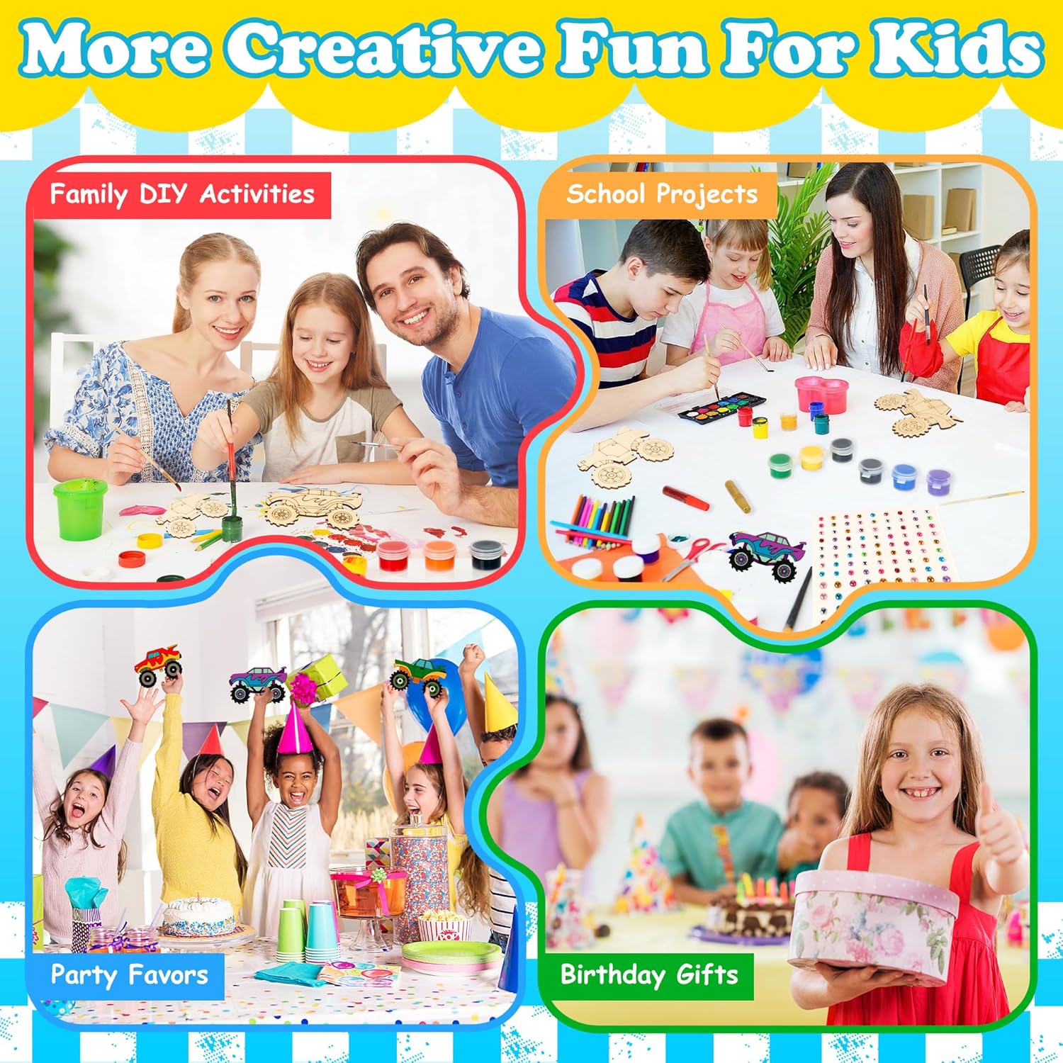 Bafeil Monster Truck Party Favors, 24 Pcs DIY Wooden Truck Painting Crafts Kit with Magnets, Car Birthday Party Supplies, Monster Trucks Party Decorations Goodie Bags Gifts Prizes Girls Boys - Image 5