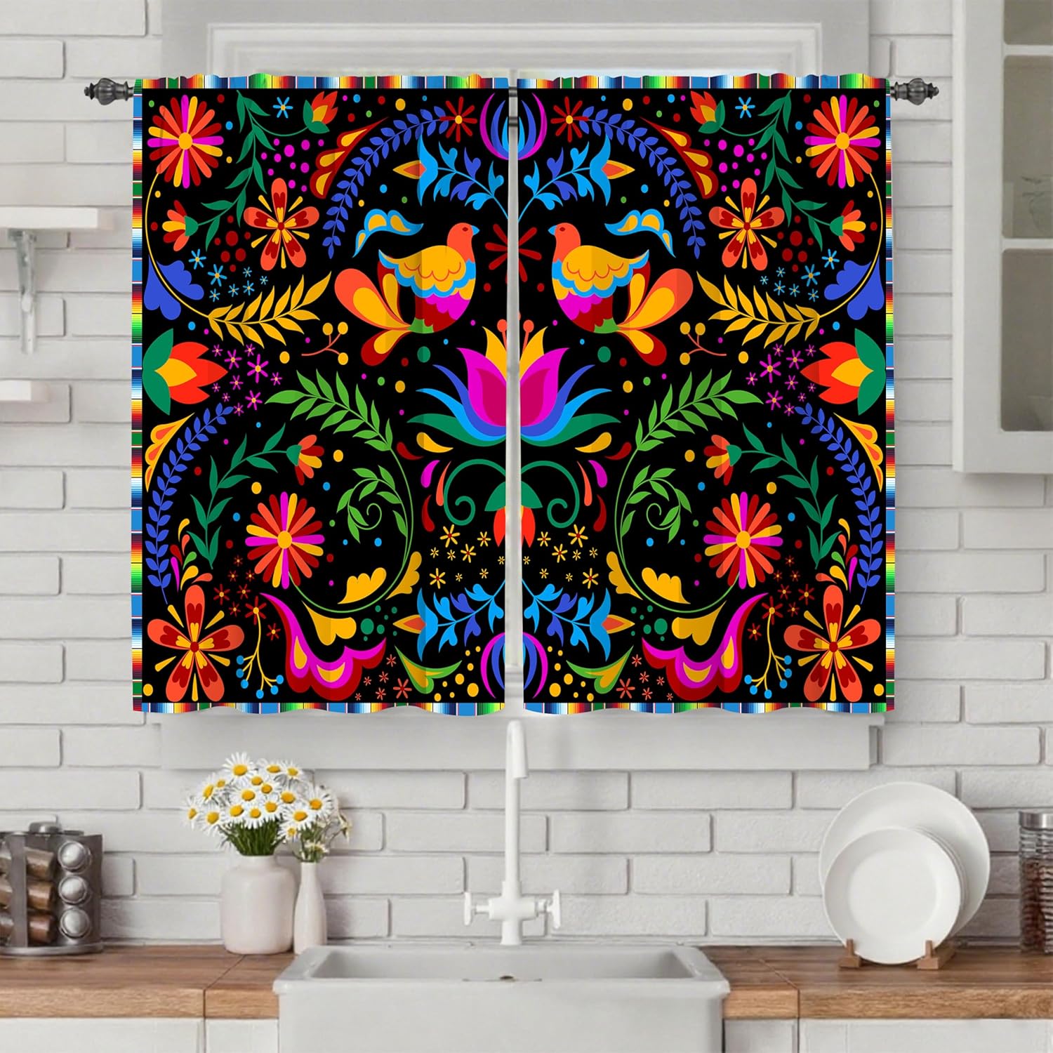 Worltoldb Mexican Stripes Bird Kitchen Curtains Cafe Curtains for Bathroom Dining Room Living Room Pocket Window Drapes 2 Panels Set 28"x36"