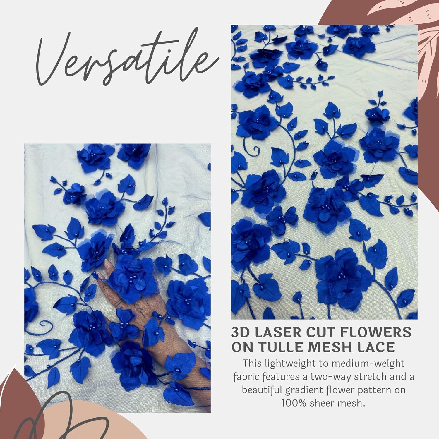 3D Flower Beaded Mesh Bridal Lace Fabric - Tear Resistant - 2 Way Stretch Laces Fabric - Lace Dress Fabric - Polyester Lace Material Fabric - Medium Weight - 58 Inches Wide - 1 Yard (Royal Blue)