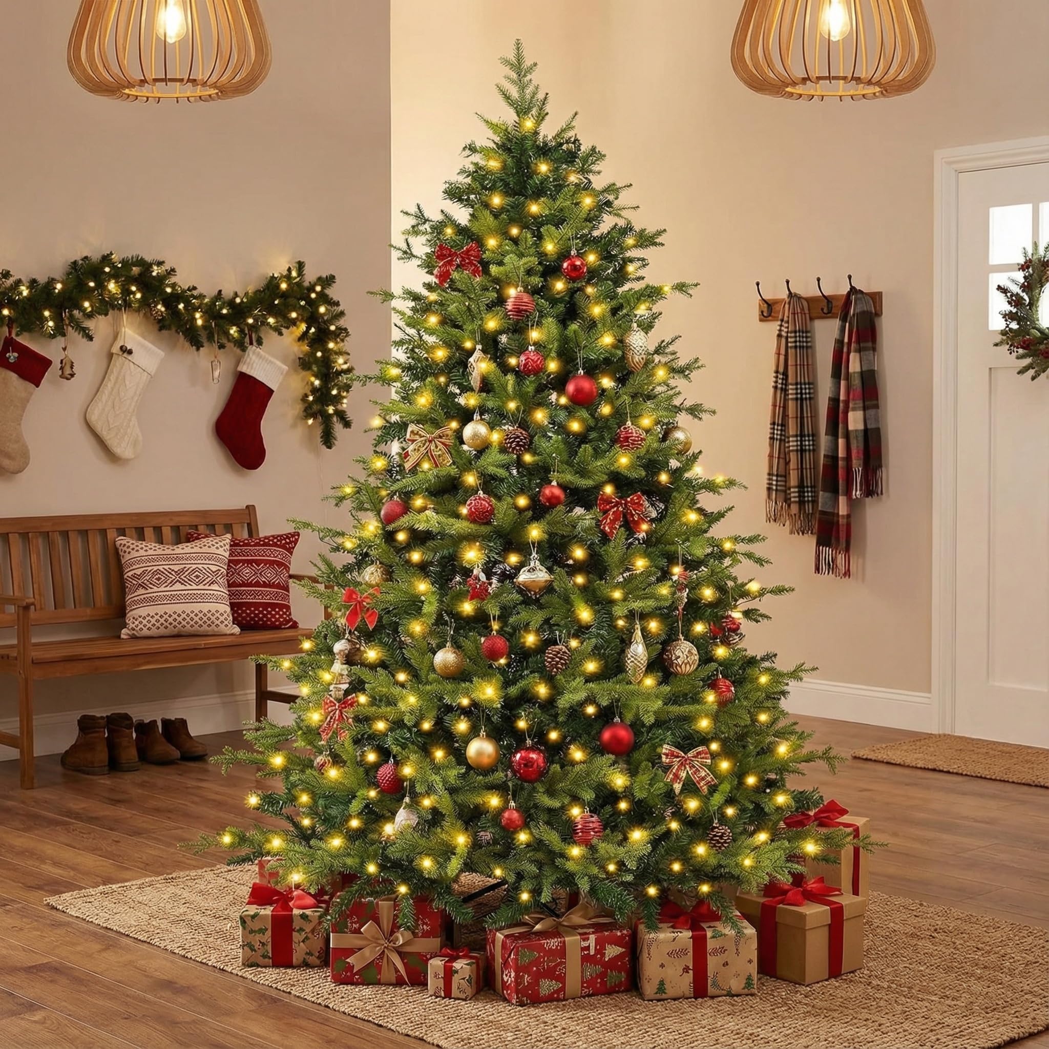 Sapin de Noël Artificiel 180 cm - Sapin de Noël avec lumières Blanc Chaud - 1000 Pointes de Branche en polyéthylène PVC - Pliable - pour décoration de Noël intérieure