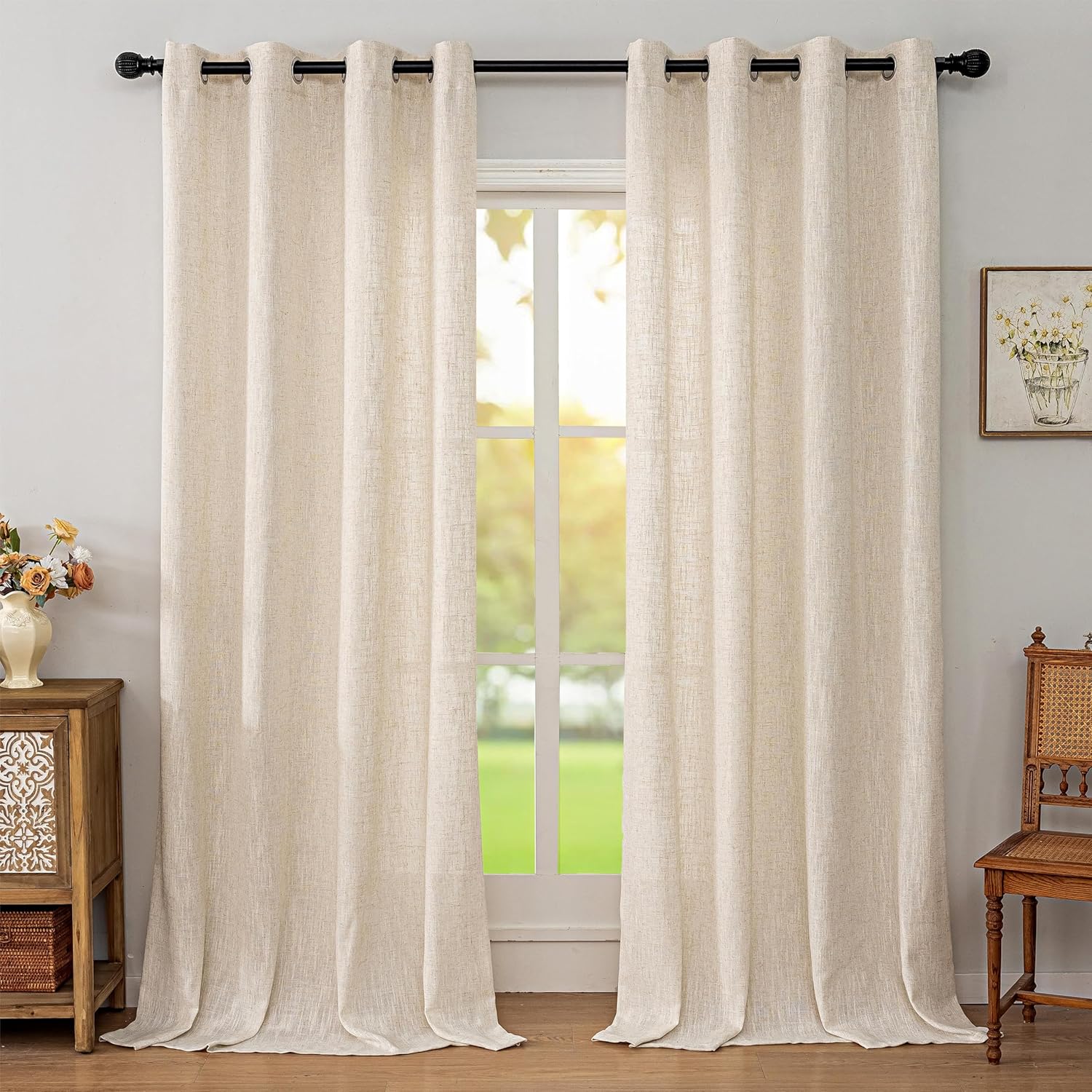 Natural Linen Textured Semi Sheer Curtains 108 Inches Long, Light Filtering for Living Room Bedroom Farmhouse, Long Drapes Window Curtain With Grommet, 2 Panels