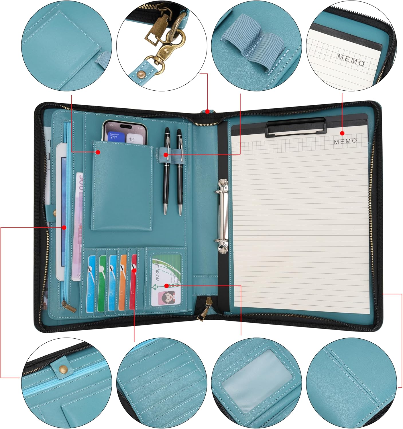 Wason A4 Portfolio with Zipper - Leather PU Padfolio with Detachable Ring Binder and Writing Notepad Holder, Conference File Multi-Pockets Organizer for Office Travel School (Cyan)
