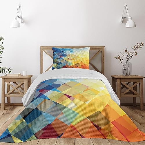 Lunarable Colcha amarilla y azul, patrón degradado en cuadros factales con forma de mosaico roto artístico moderno, juego de colcha acolchada
