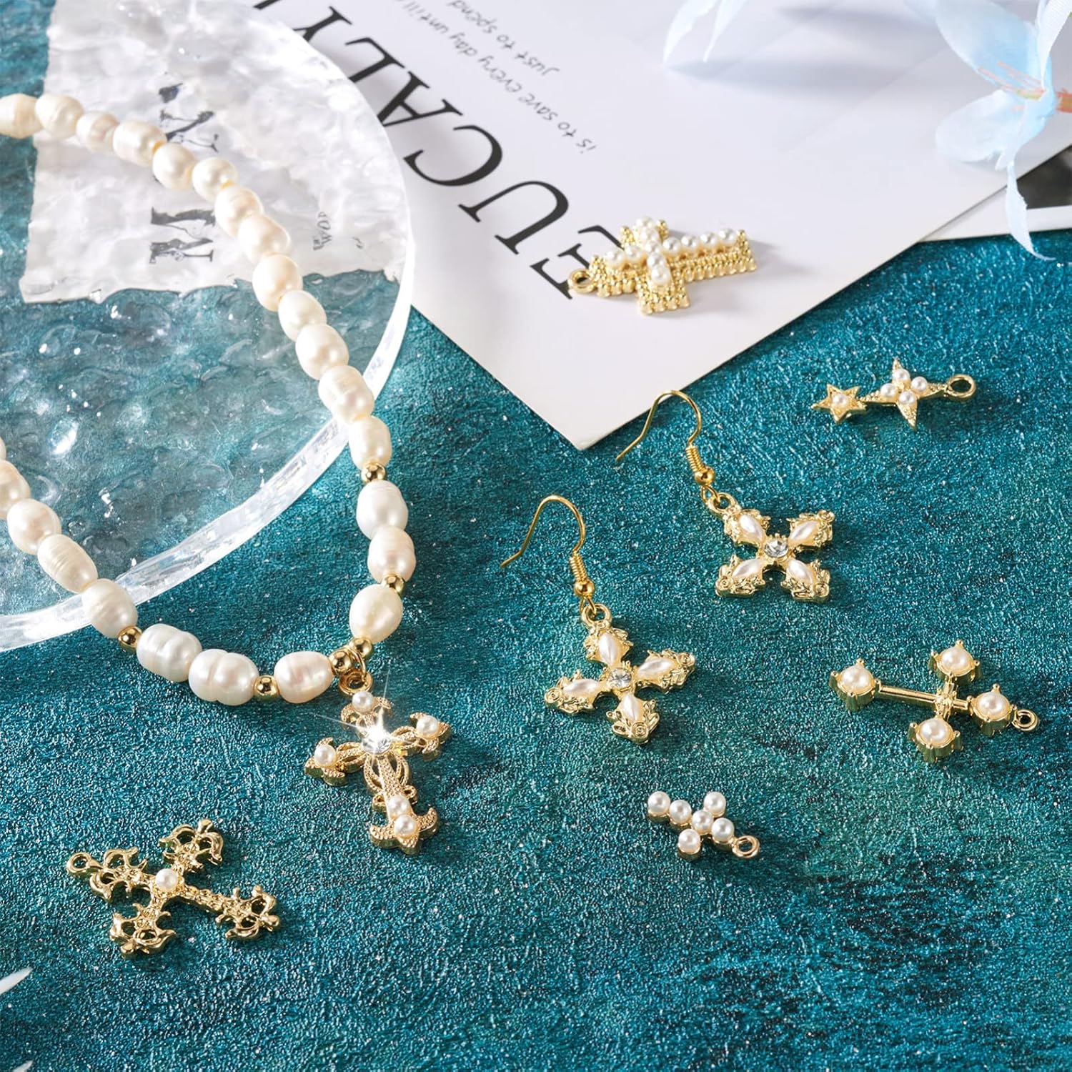 Cheriswelry 18Pcs Cross Metal Charms Light Gold Pearl Rhinestone Pendants Alloy Hanging Ornament 16-39mm 9 Styles for DIY Necklace Bracelet Earring Jewelry Making - Image 5