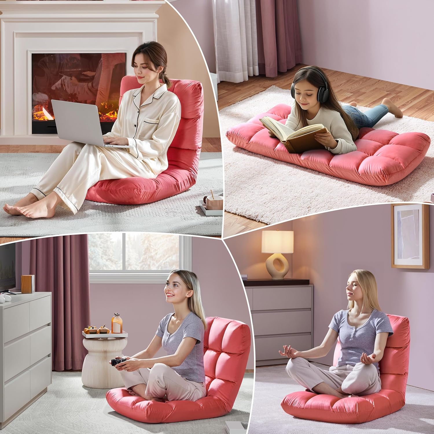 Yaheetech Adjustable Floor Chair with Back Support, Foldable Thick Padded Seat for Meditation&Gaming on Floor, Space Saving Lazy Lounger for Bedroom Dorm, Pink