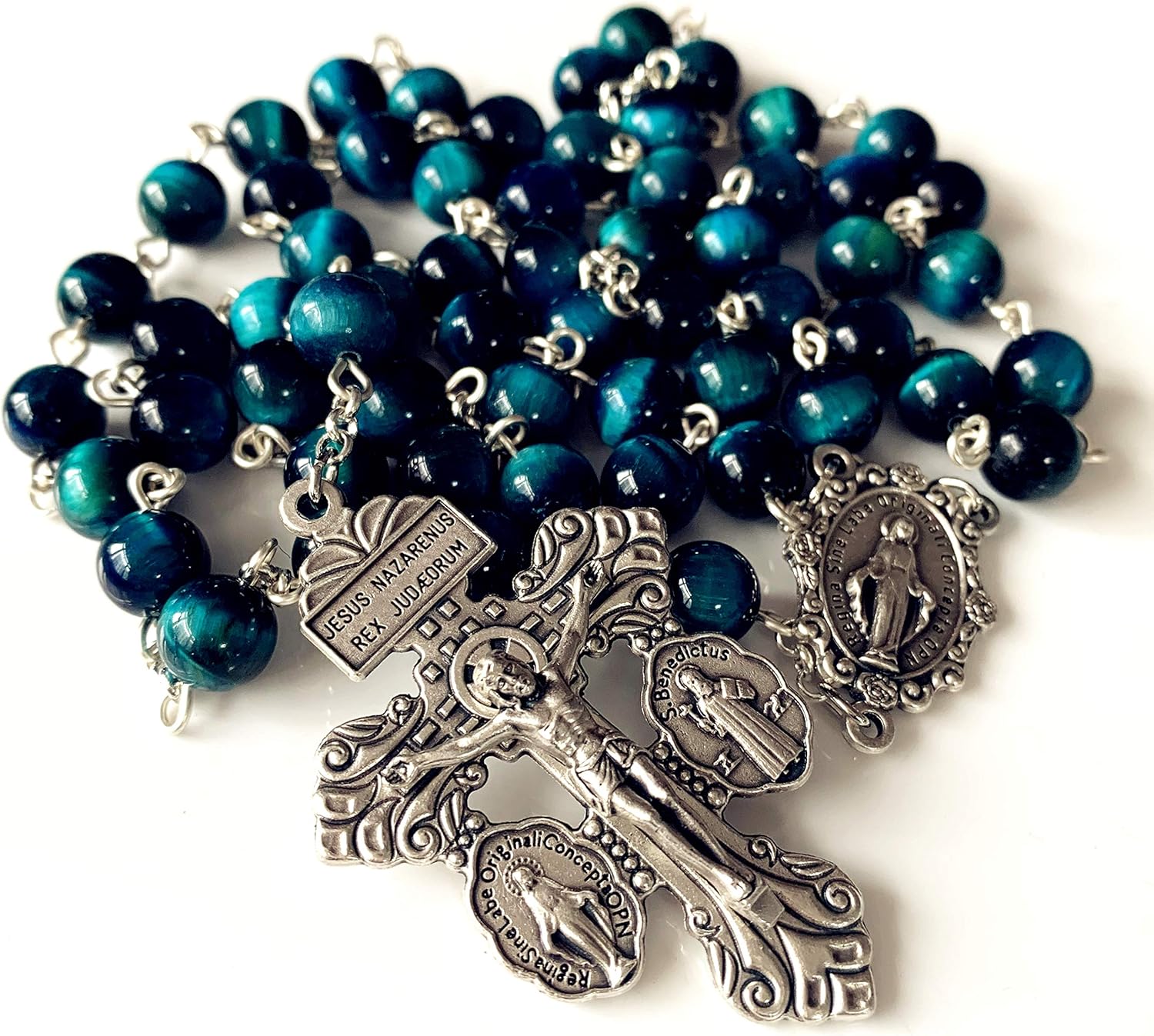 elegantmedical Handmade Peacock Blue Tiger Eye Beads Our Lady of Grace Rosary Peacock Cross Necklace Catholic Gifts - Image 5