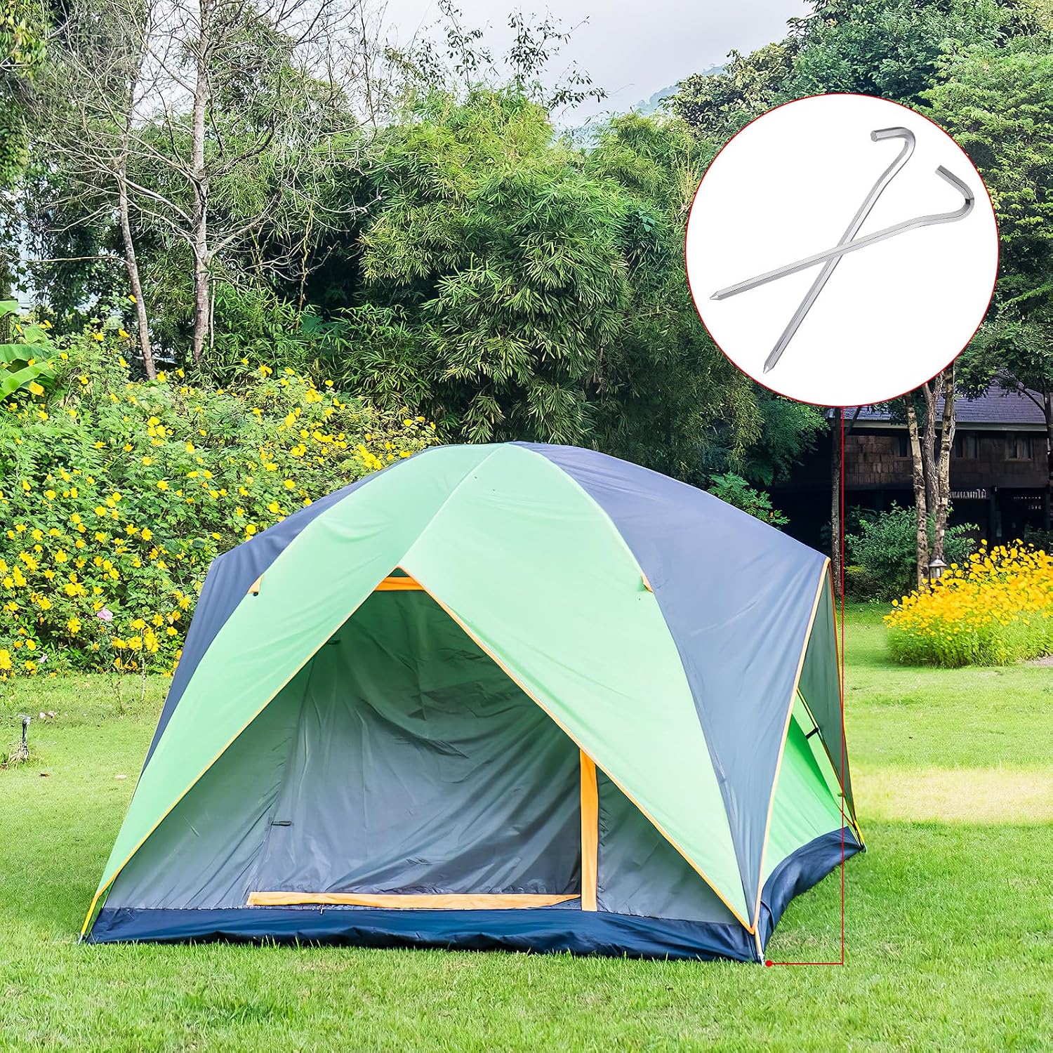 20 Pcs Tent Stakes and Garden Pegs, 18cm Steel Hexagon Rods with Hook, Heavy Duty Camping Stakes Set with Storage Bag for Outdoor Hiking and Tent Anchoring