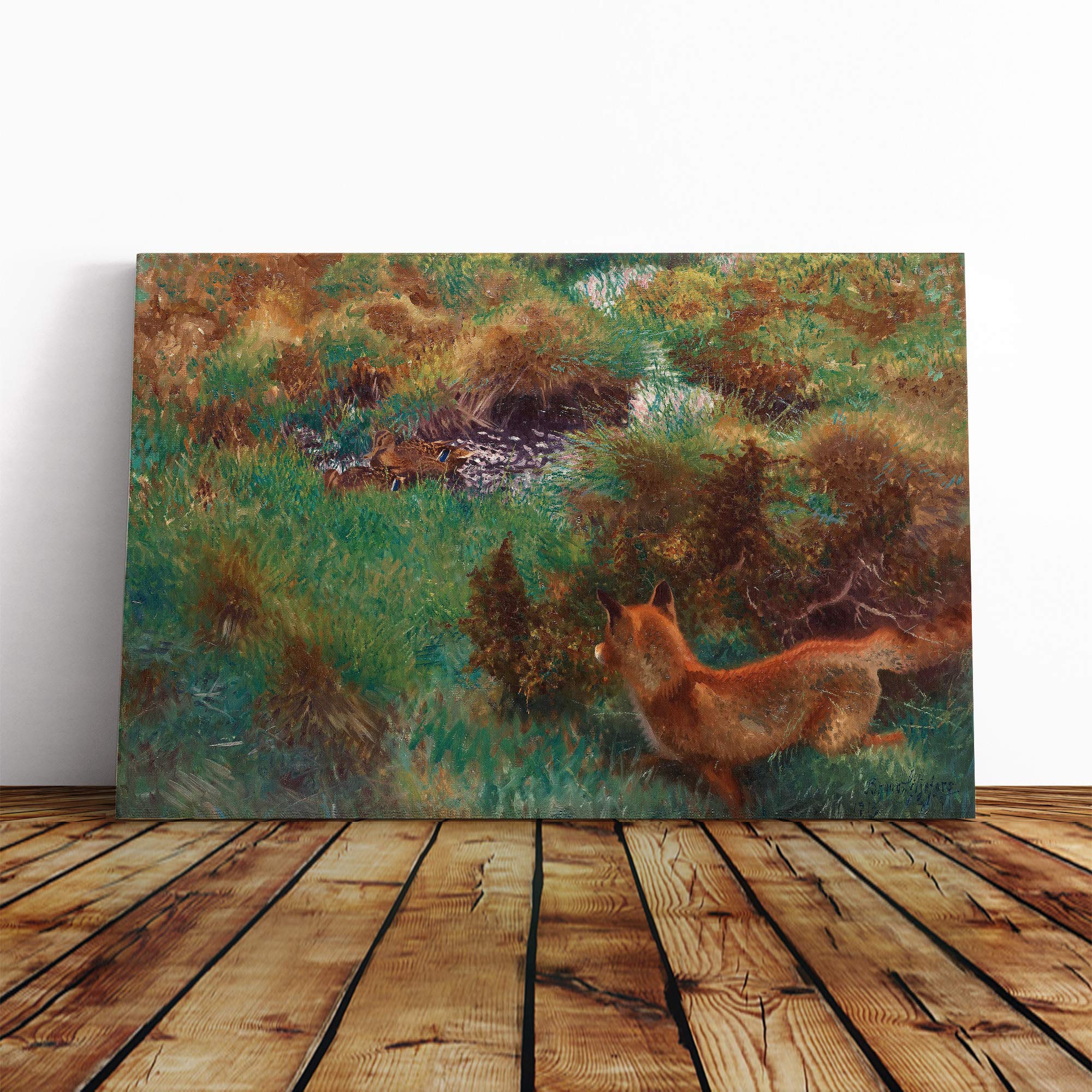 Bruno Liljefors Fox Stalking Wild Ducks Canvas Print | Gallery Wrapped 30mm Frame Wall Art | 24x16 inches | Ready to Hang | Modern Animals Picture | Living Room Bedroom Lounge Office