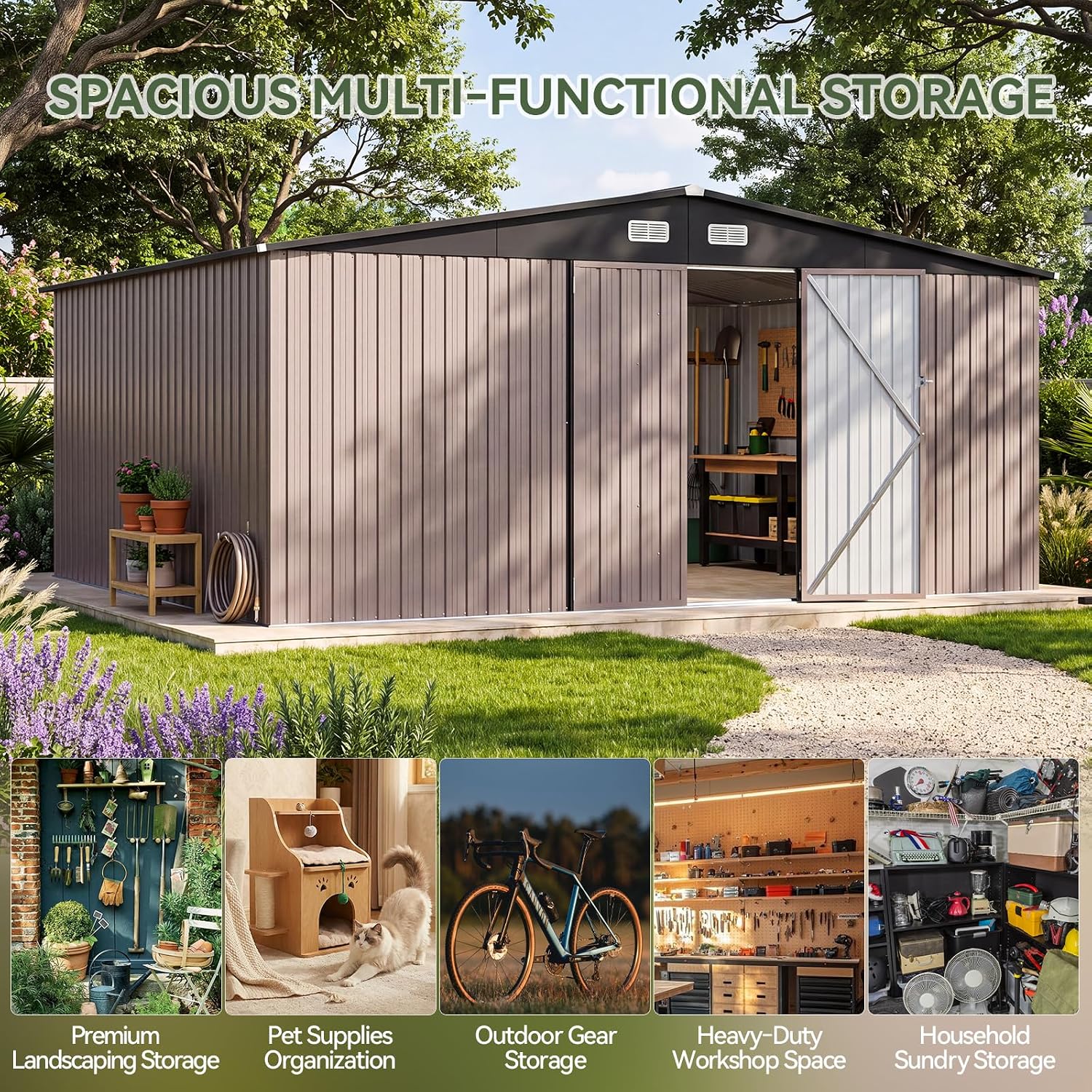 Various uses for the shed including landscaping storage, pet supplies, outdoor gear, workshop space, and household sundries.