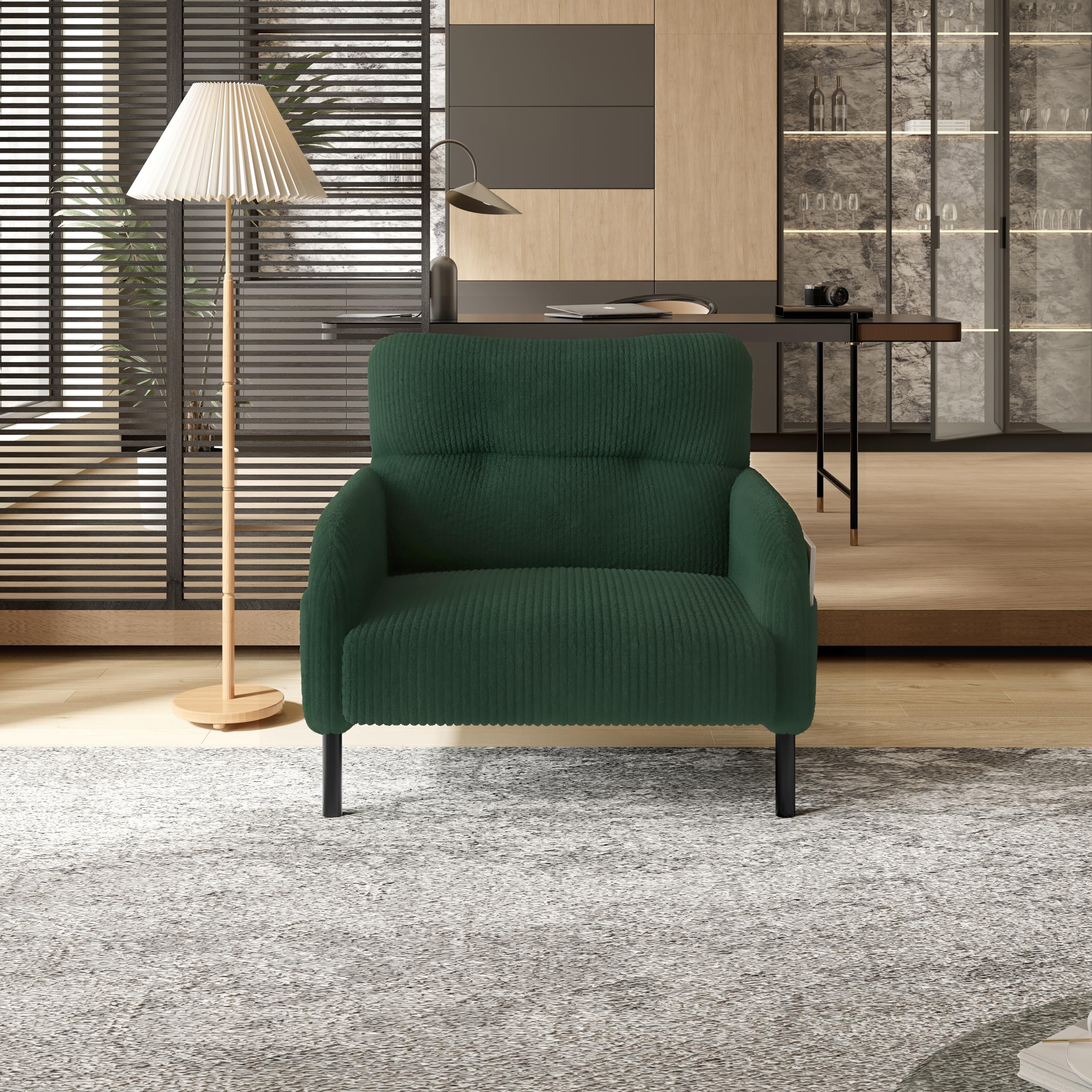 KEIKI 26 Corduroy Single Sofa Chair with Double Side Pockets High Resilience Cushion Modern Ergonomic Design Upholstery Oversized