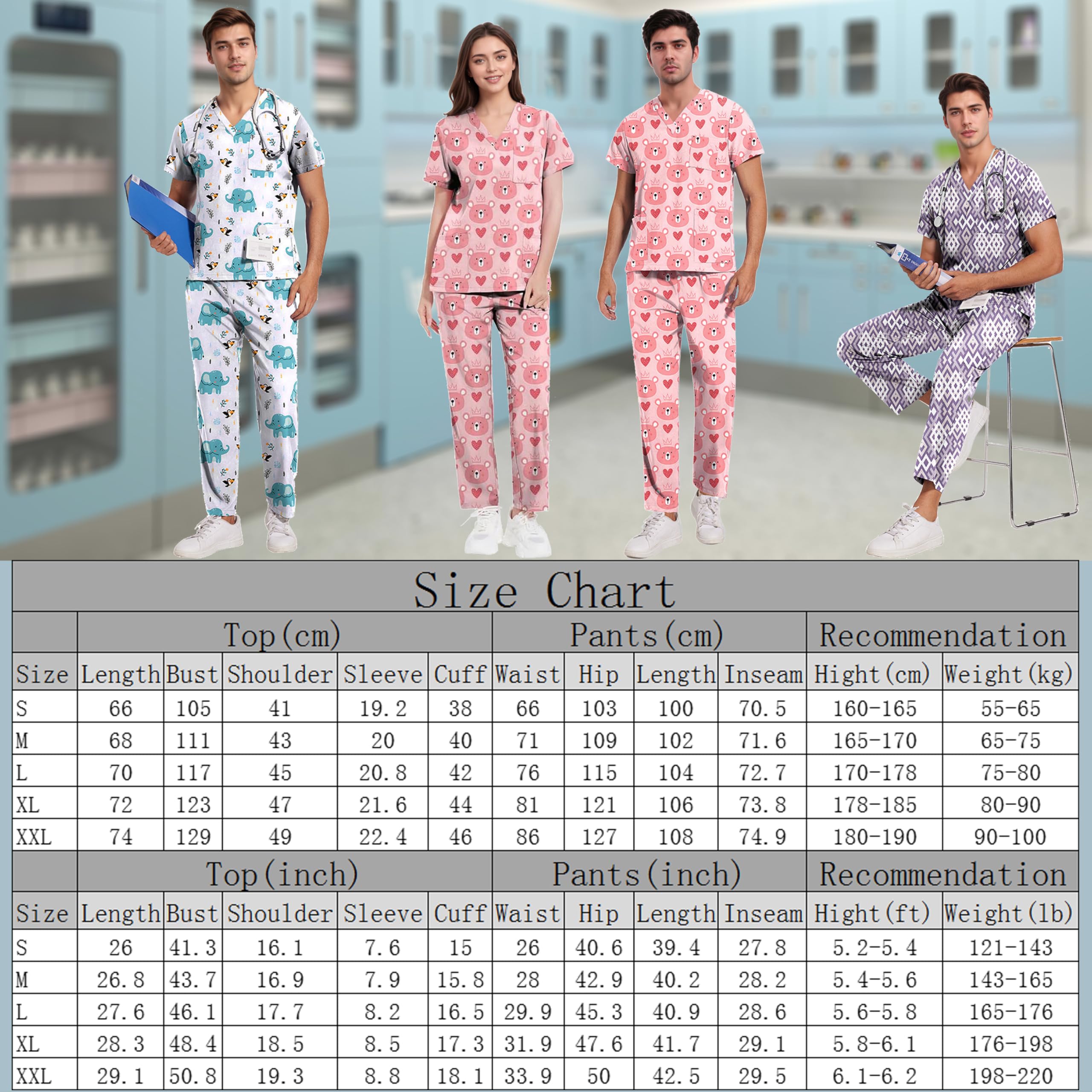 ThreeH Set da Chirurgo Ospedaliero Divisa Medica Elasticizzata con Scollo a V e Pantaloni Jogging Lavabile Tasche Multiple