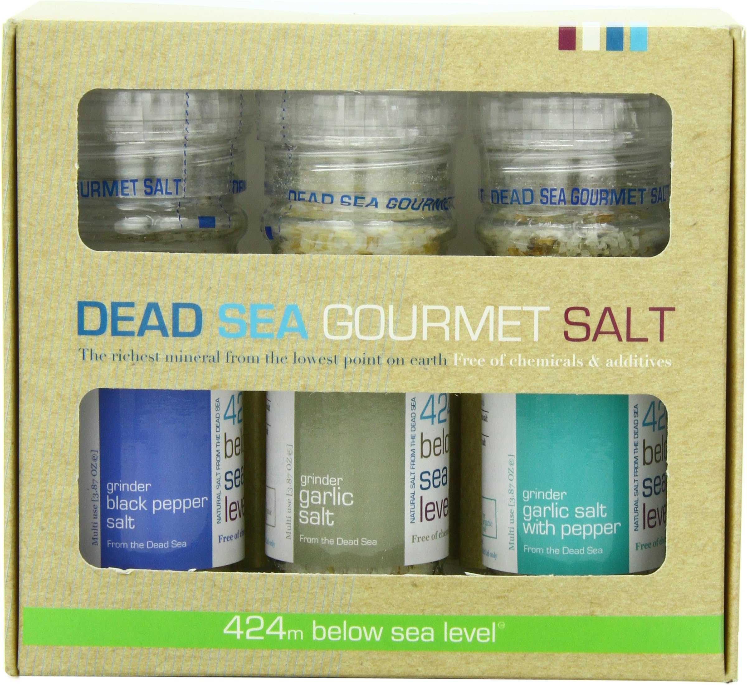 Salt 424 Three Grinder Pack 100% Organic Salts, Black Pepper, Garlic and Garlic Salt Pepper, 25.11 Ounce