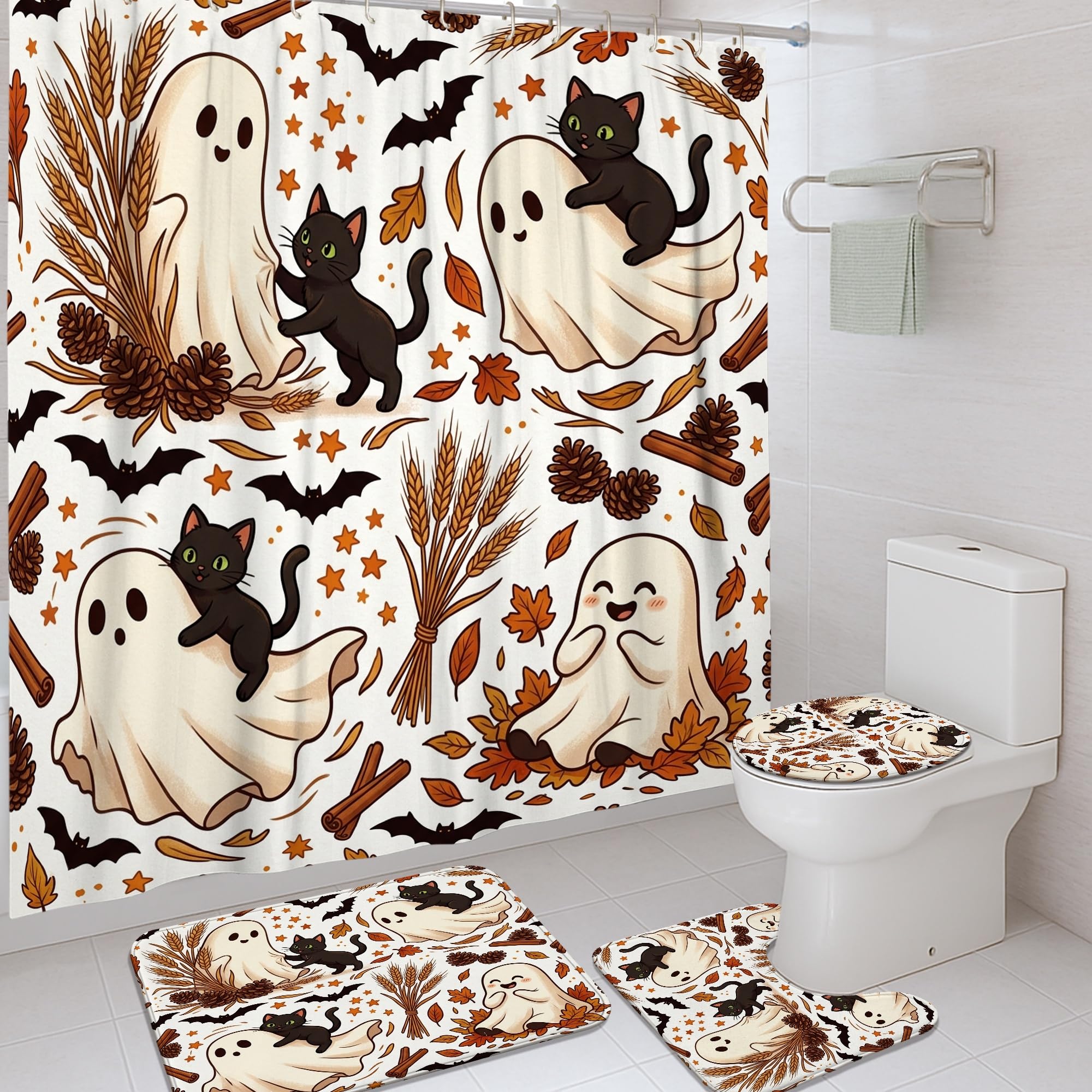 Rideau de douche fantôme chat d'Halloween avec tapis pour décorer votre salle de bain