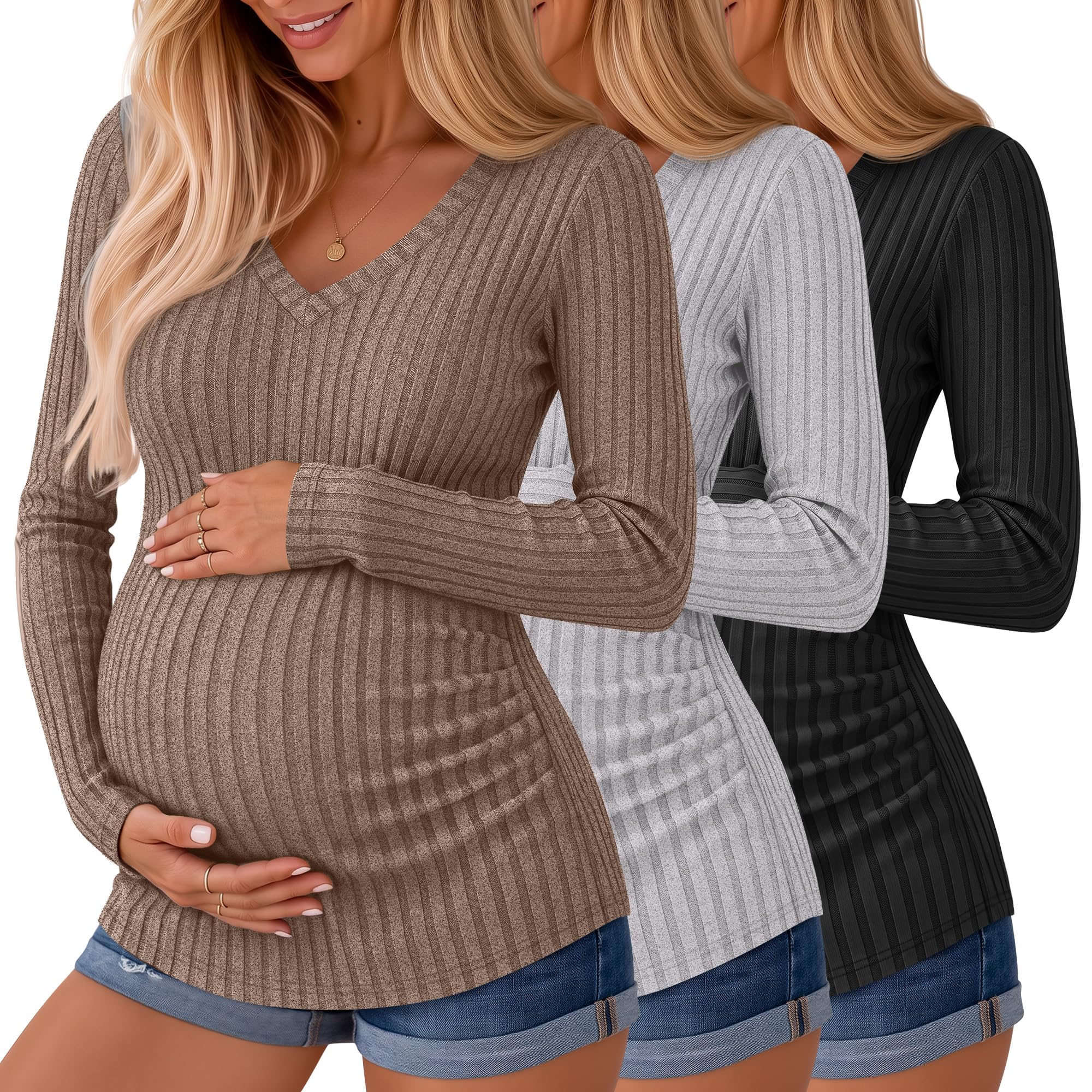 Ficerd 3 Pack Women Maternity Ribbed Long Sleeve Sweater Shirts