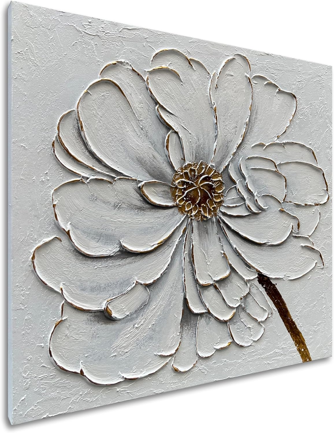 Diathou Art 24x24 inches Hand-painted golden texture white flower oil painting. Modern abstract art. Suitable for decoration on walls of living room, bedroom or office