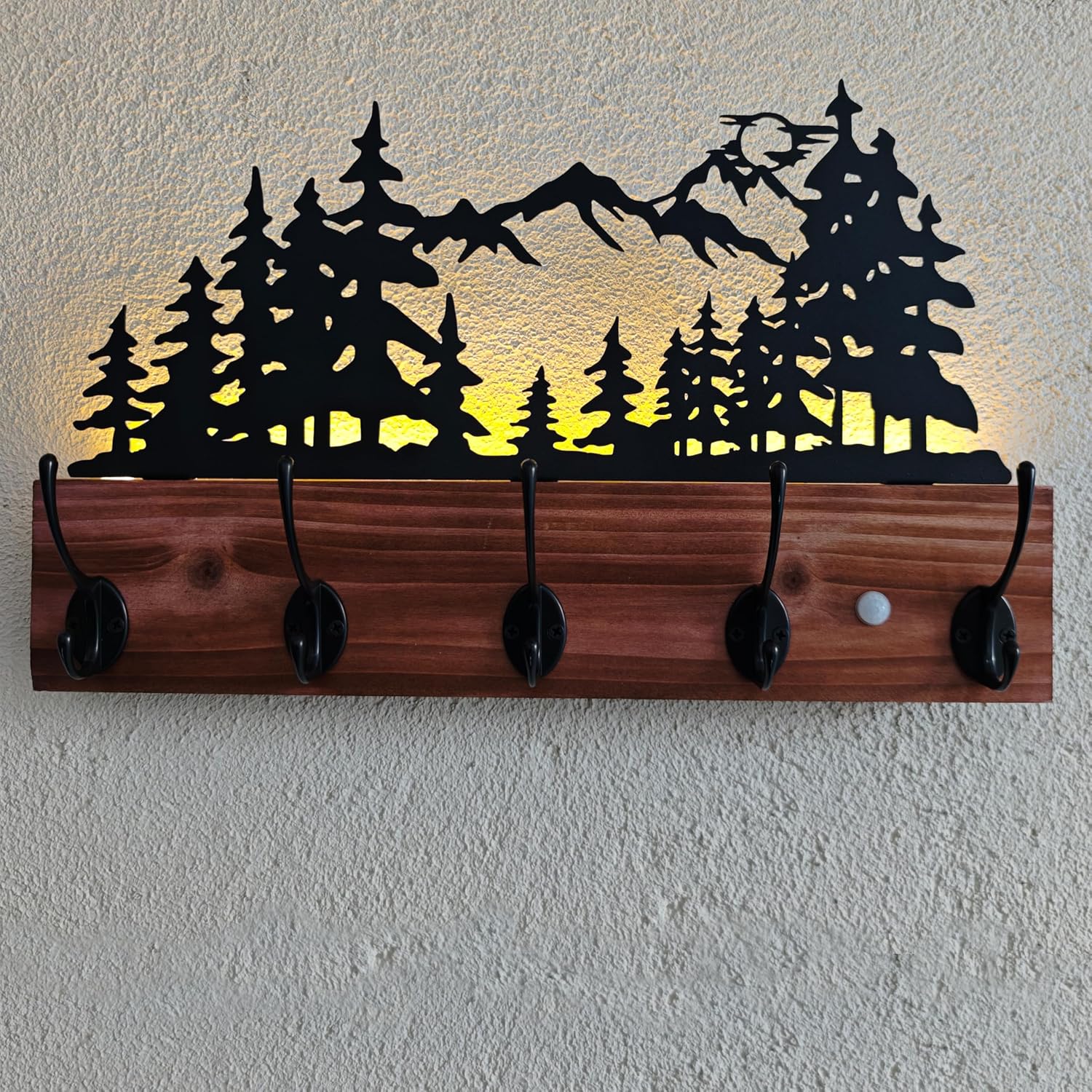 Rustic Tree Wall Hooks with Motion Sensor Light, 5 Hooks Wooden Coat Rack, Cabin Decor Wall Mounted Coat Hooks for Entryway, Living Room, Bedroom, Bathroom, Kitchen