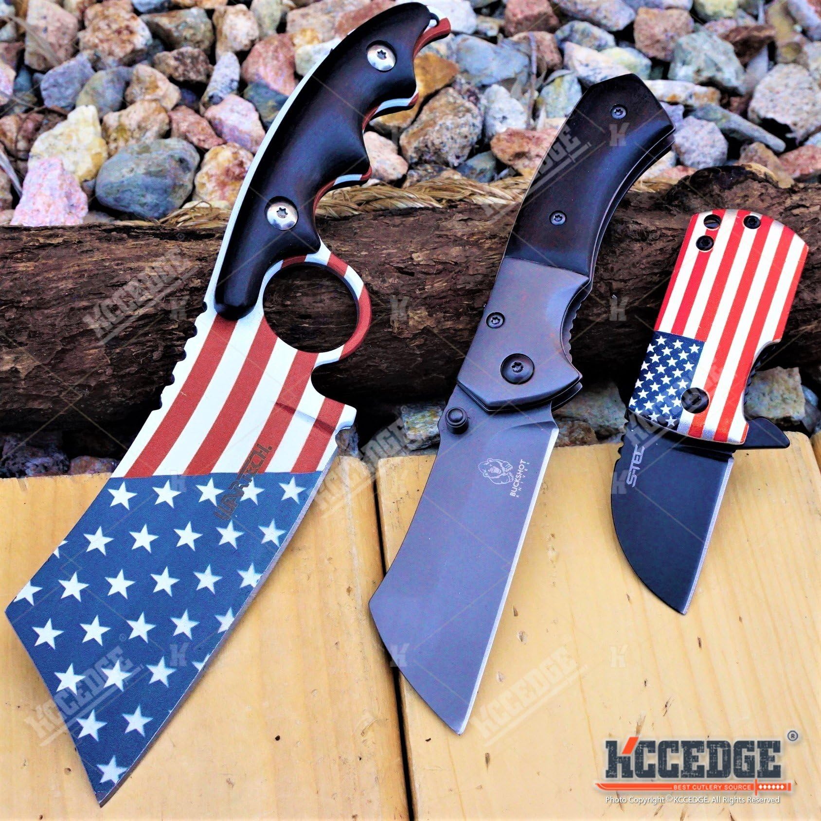 3PC Proud of America COMBO SET FIXED BLADE US FLAG CLEAVER + BLACK Miniature BUCKSHOT CLEAVER Folding Knife + Mini US FLAG POCKET FLIP KNIFE Memorial Day Gift