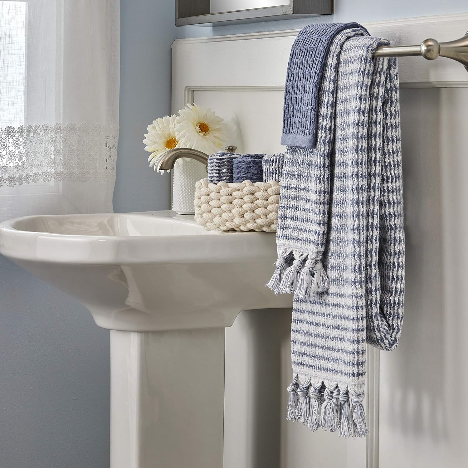 SKL Home 100% Turkish Cotton Longborough Hand Towel Set, Denim Blue 16" x 26"