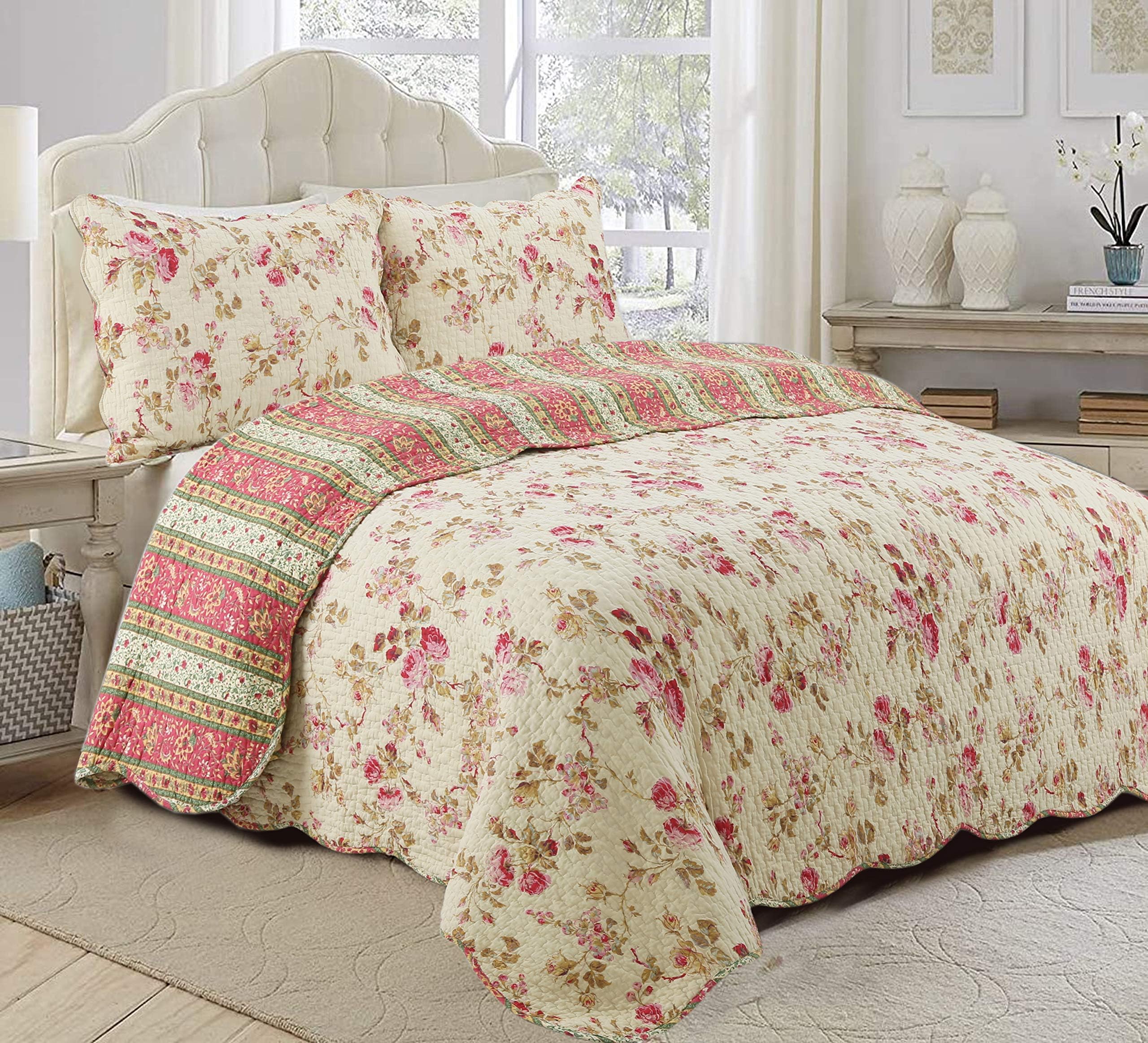 Cozy Line Home Fashions Set Copripiumino Matrimoniale 100% Cotone - 3 Pezzi Con Medaglione Floreale Vintage A Righe - Nero, 223x233 Cm