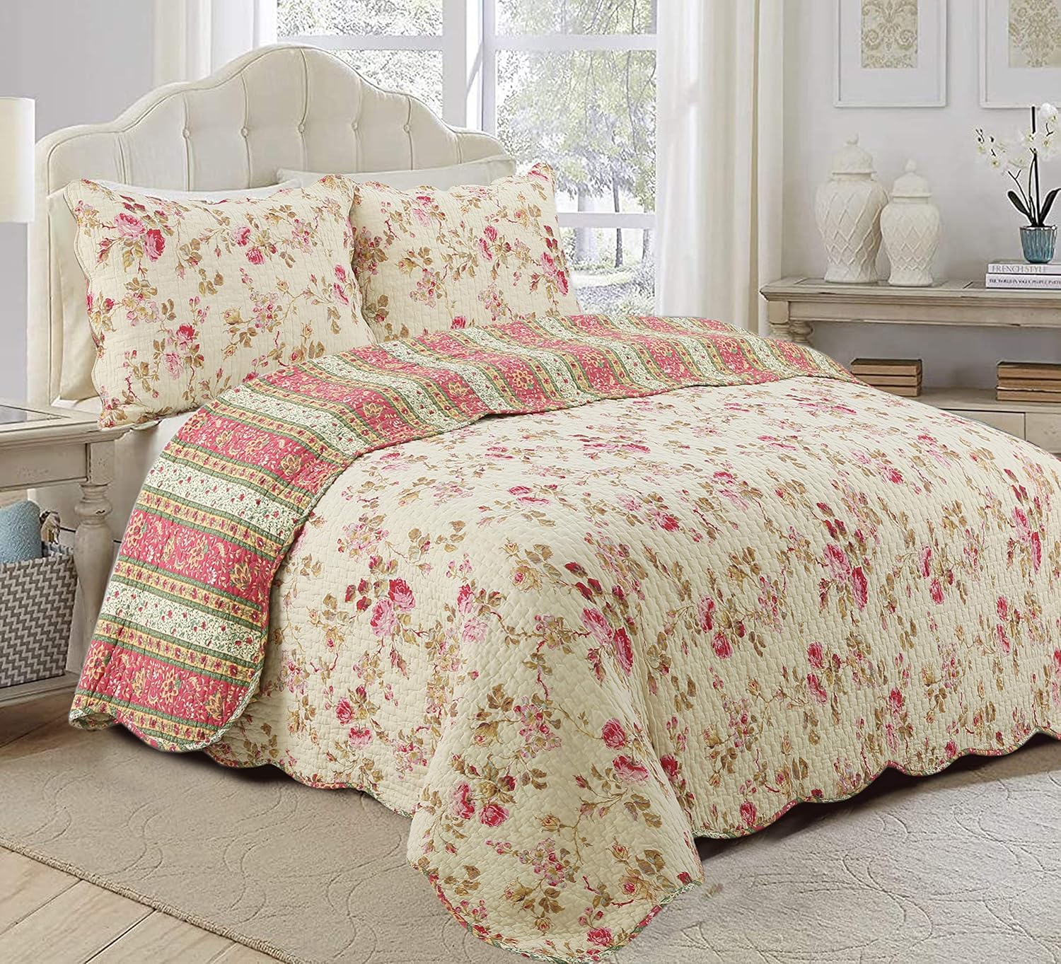 Cozy Line Home Fashions Vintage Floral Rose Chintz 3-Piece Khaki Pink Green Scalloped Cotton Reversable Queen Quilt Bedding Set