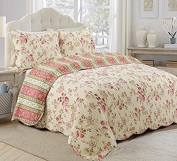 خمر وردة زهرية Chintz 3 - قطعة كاكي وردي أخضر صدفي قطن قابل للعكس لحاف مجموعة من أزياء المنزل المريحة