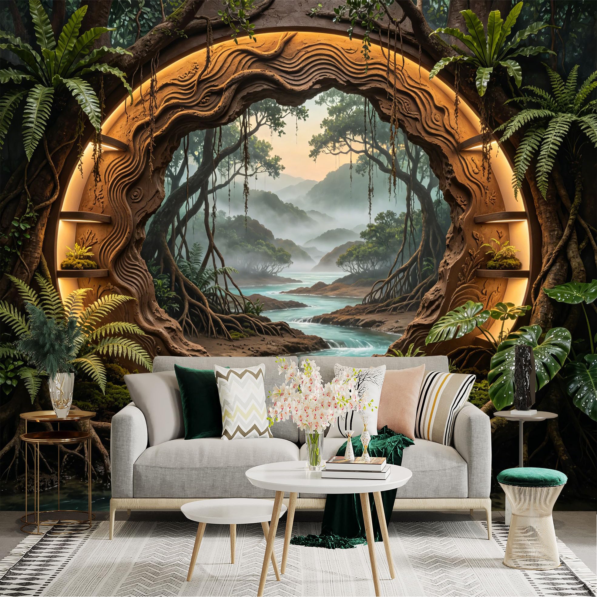 Custom Size Wall Sticker Mural， Fantasy Forest Portal with River and Misty Mountains， for wall Decoration， peelandstick wall Decals.