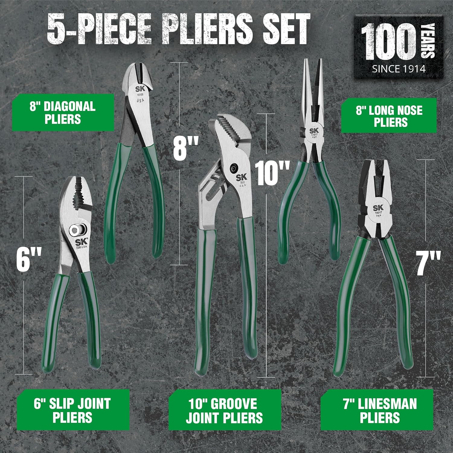 SK Tools USA 5-Piece Pliers Set, 6" Slip Joint, 7" Linesman, 8" Long Nose & Diagonal Pliers, and 10" Groove Joint, High Carbon Steel, with Rolling Pouch