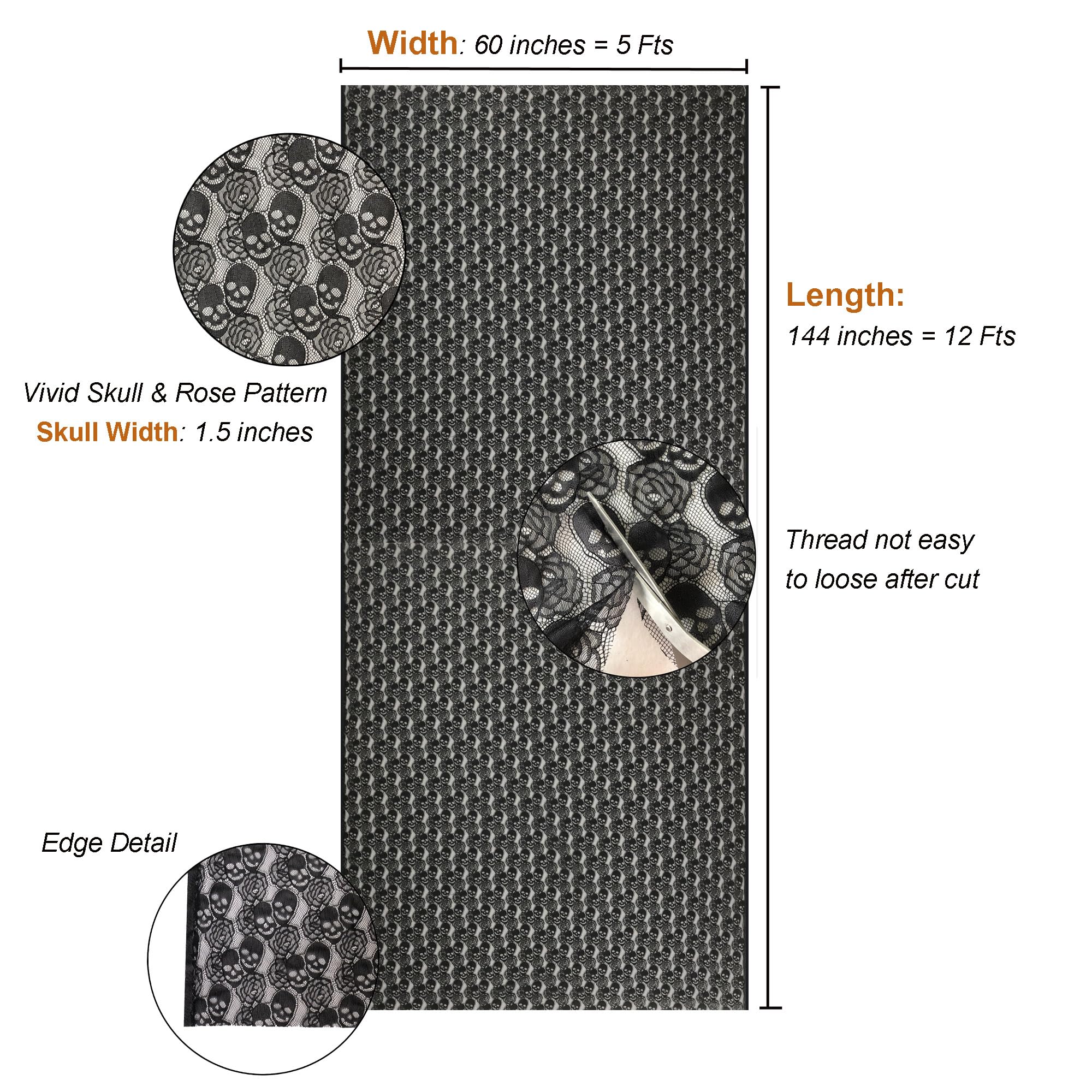 60 * 144 inches Lace Fabric, 4 Yard Black Skull Pettern Lace Fabric, 4 yd Non-Stretchy Lace, Soft Rose Design Lace Material for Halloween Home Decoration, Sewing Fabric Design (60x144 inch Black): Black 4 yards