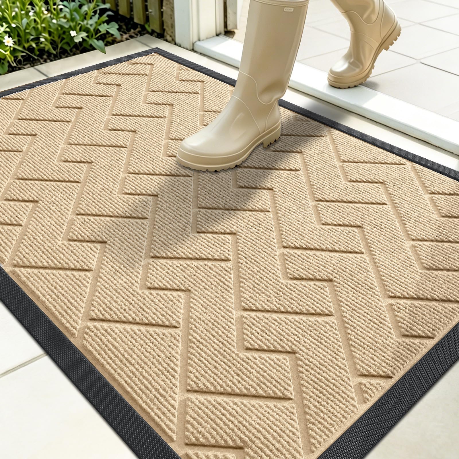 OLANLY Front Door Mat Outside 35x23, All-Season Absorbent Rubber Doormat | Beige, Heavy-Duty, Stain and Fade Resistant, Waterproof Non-Slip Backing, Low-Profile Indoor Outdoor Floor Mat for Entryway