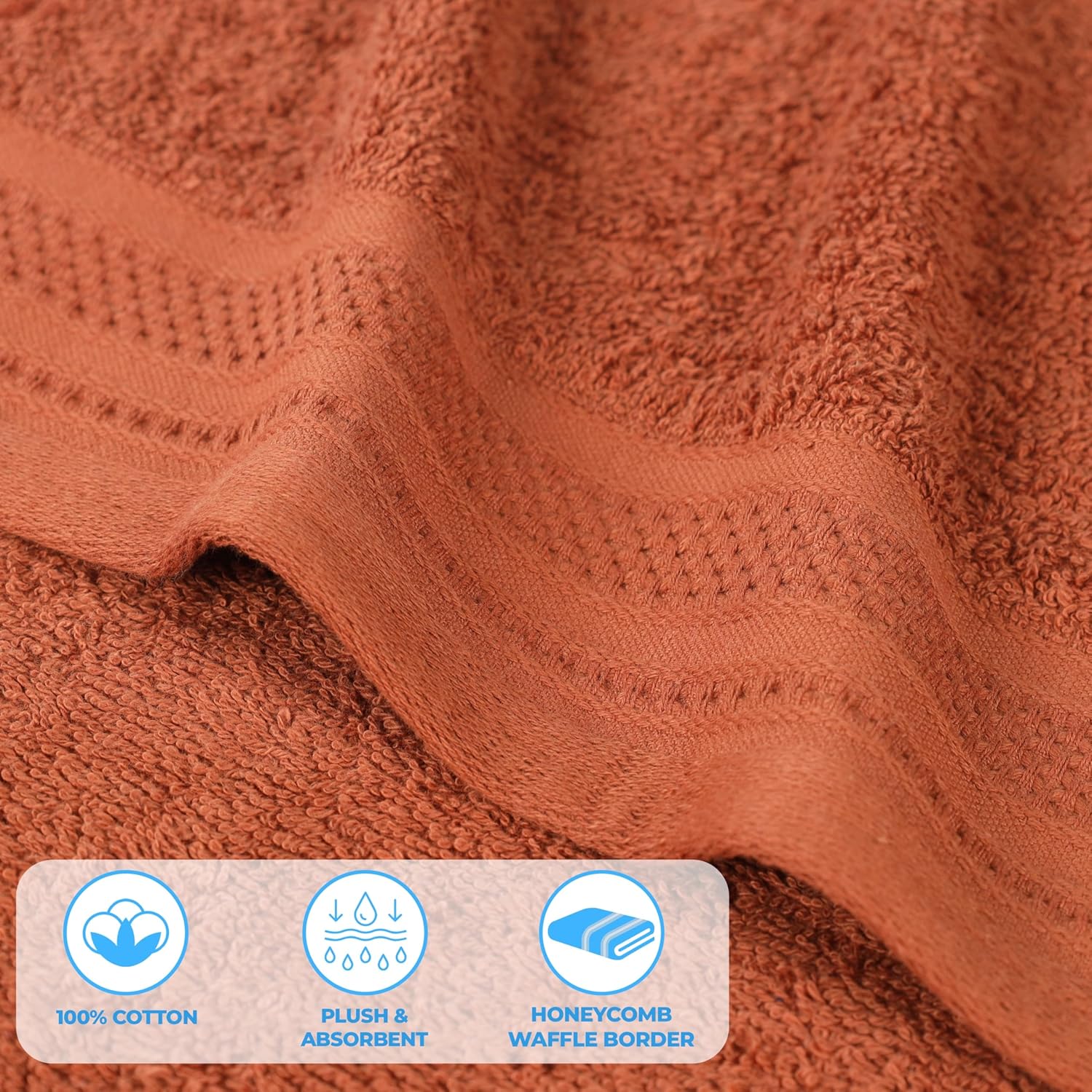Superior Honeycomb Cotton Medium Weight Towels, for Guest Bath, Master Bathroom, Shower, Quick Dry, Adults, Home Essentials, Textured Waffle Border, Towel Set, Bath Towels, Set of 4, Rust