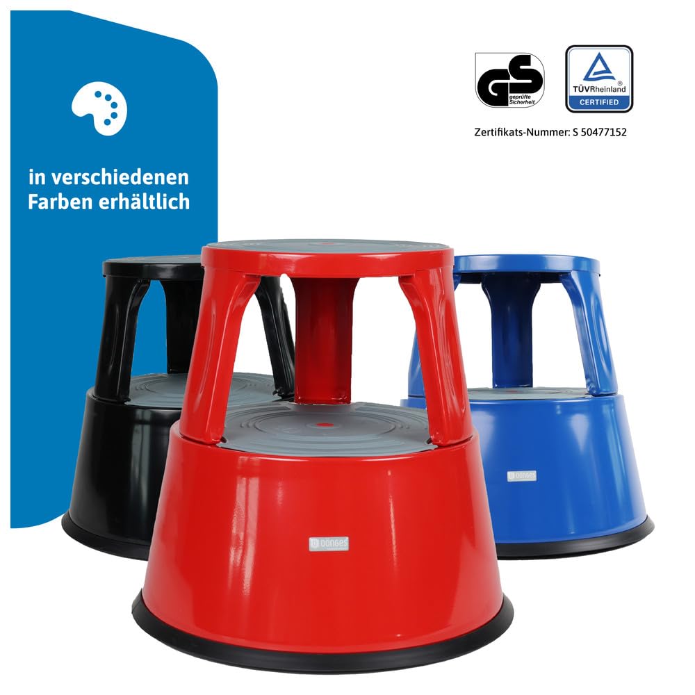 Dönges Tabouret à roulettes, en métal, capacité de charge jusqu'à 150 kg, certifié TÜV & GS pour bureau, commerce et maison, pied d'éléphant, rouge