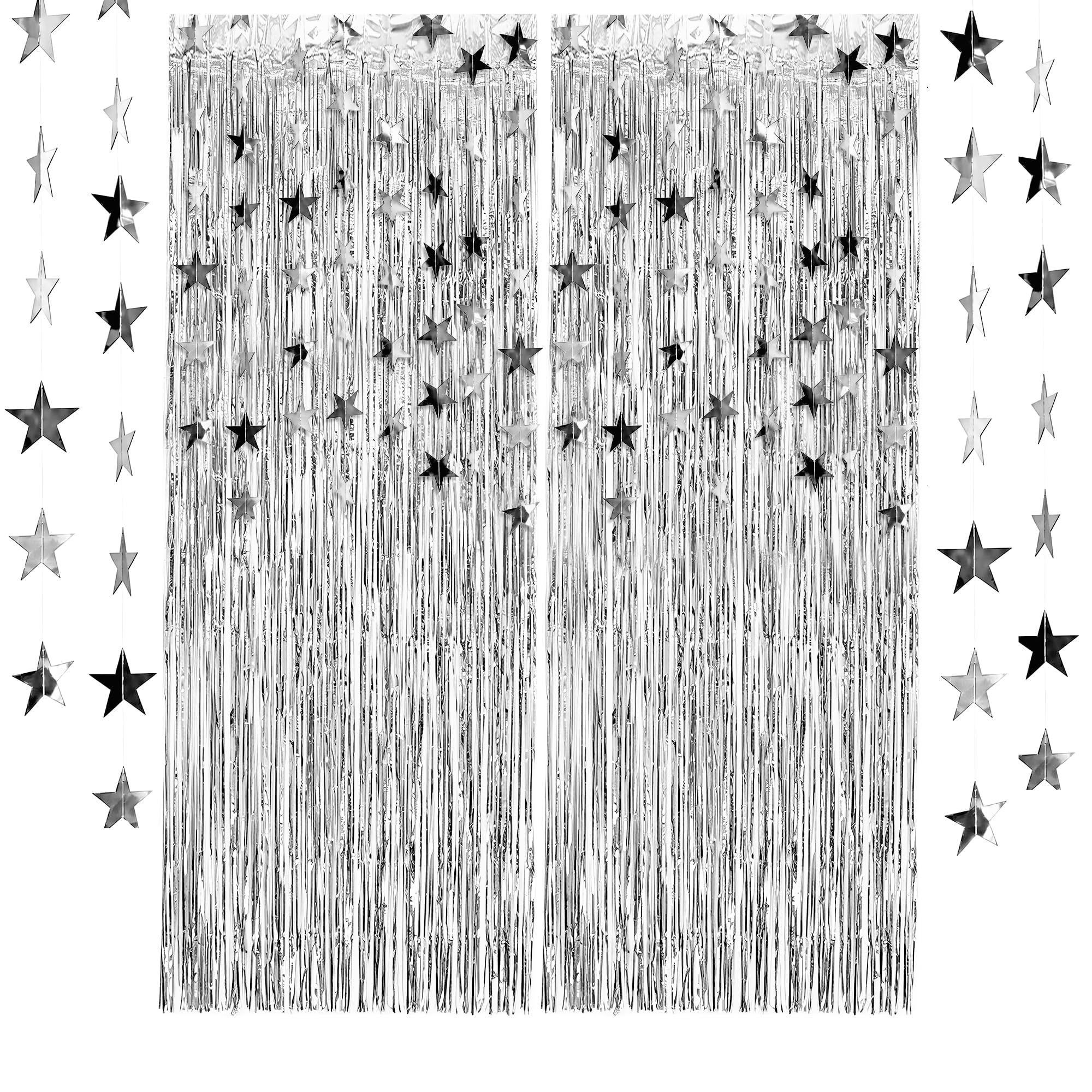 Silver Star Party Decoration Set – 4 Mirror Silver Star Garlands + 2 Silver Foil Fringe Curtains, Shimmering Silver Birthday Decorations for Birthday, Wedding, Graduation & Party Decor