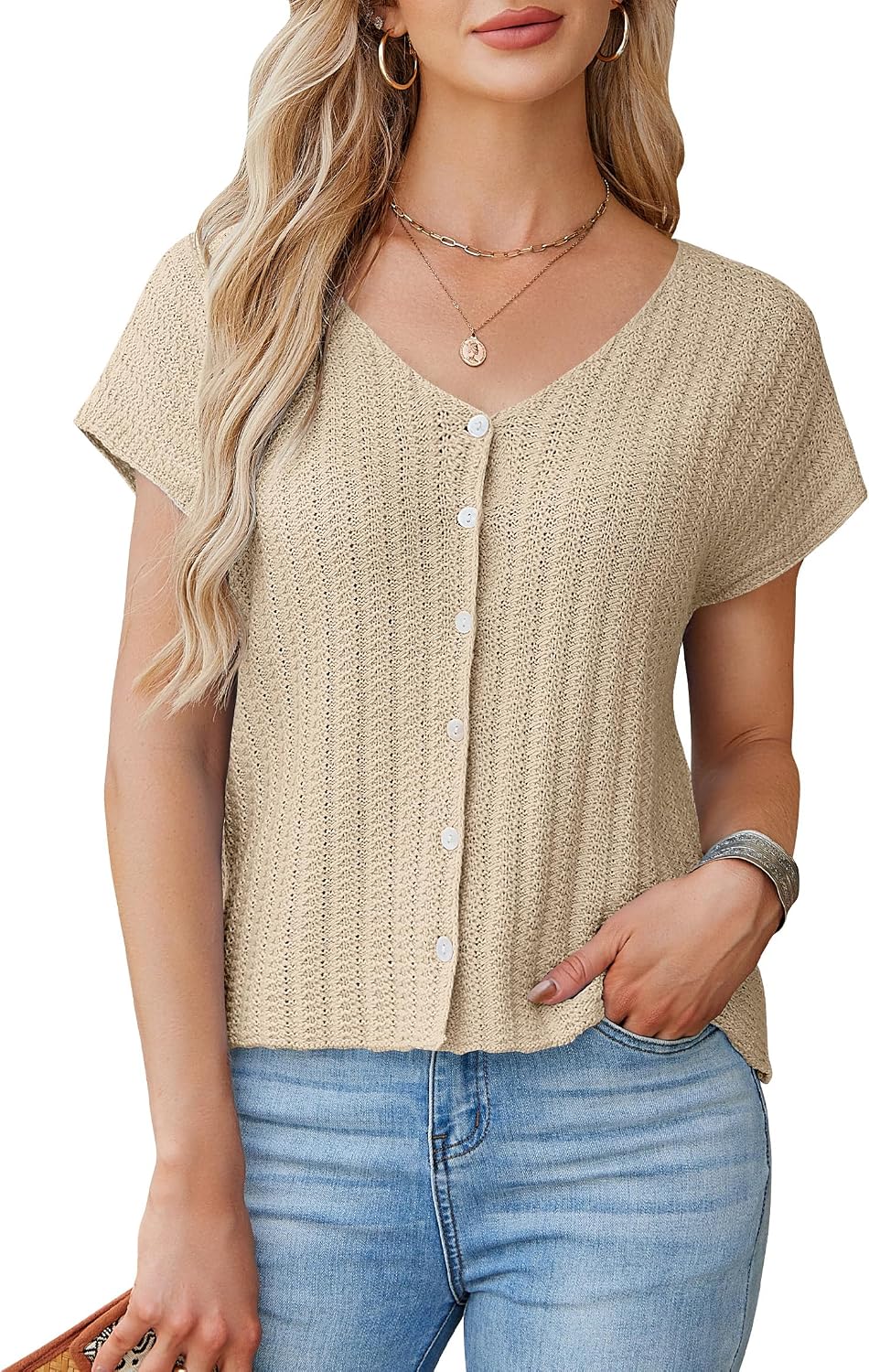 Women Sweater Vest Button Up Casual V Neck Knit Crochet Tops Short Sleeve Cardigans Lightweight Summer Cardigan