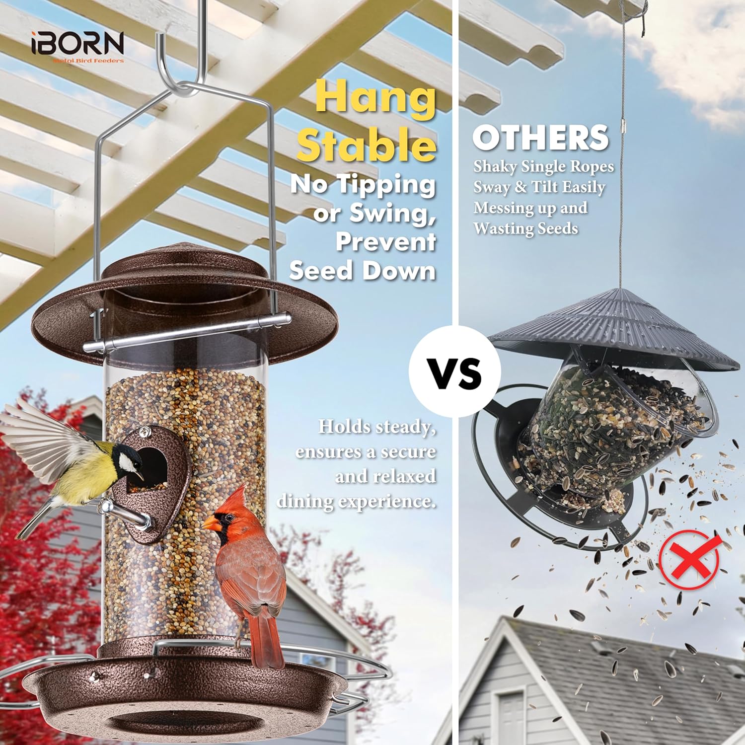 iBorn Bird Feeder Squirrel-Chew Proof Metal Hanging Birds Feeder Bird Feeders for Outdoors Hanging Outside for Cardinal, 3 Perches with 2 Feeding Ports, Brushed Coffee (Seed is not Included)