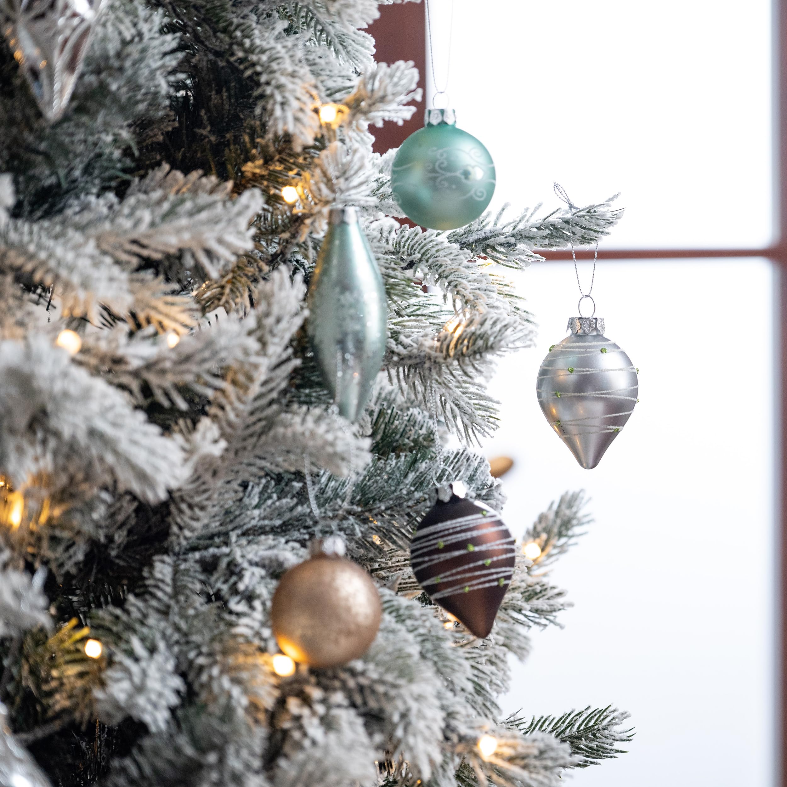 Valery Madelyn Ensemble de Boules de Noël en Verre - Blanc, Marron, Argent et Vert 24 pcs 6-10 cm - Ornements pour Décoration d'Arbre et Sapin
