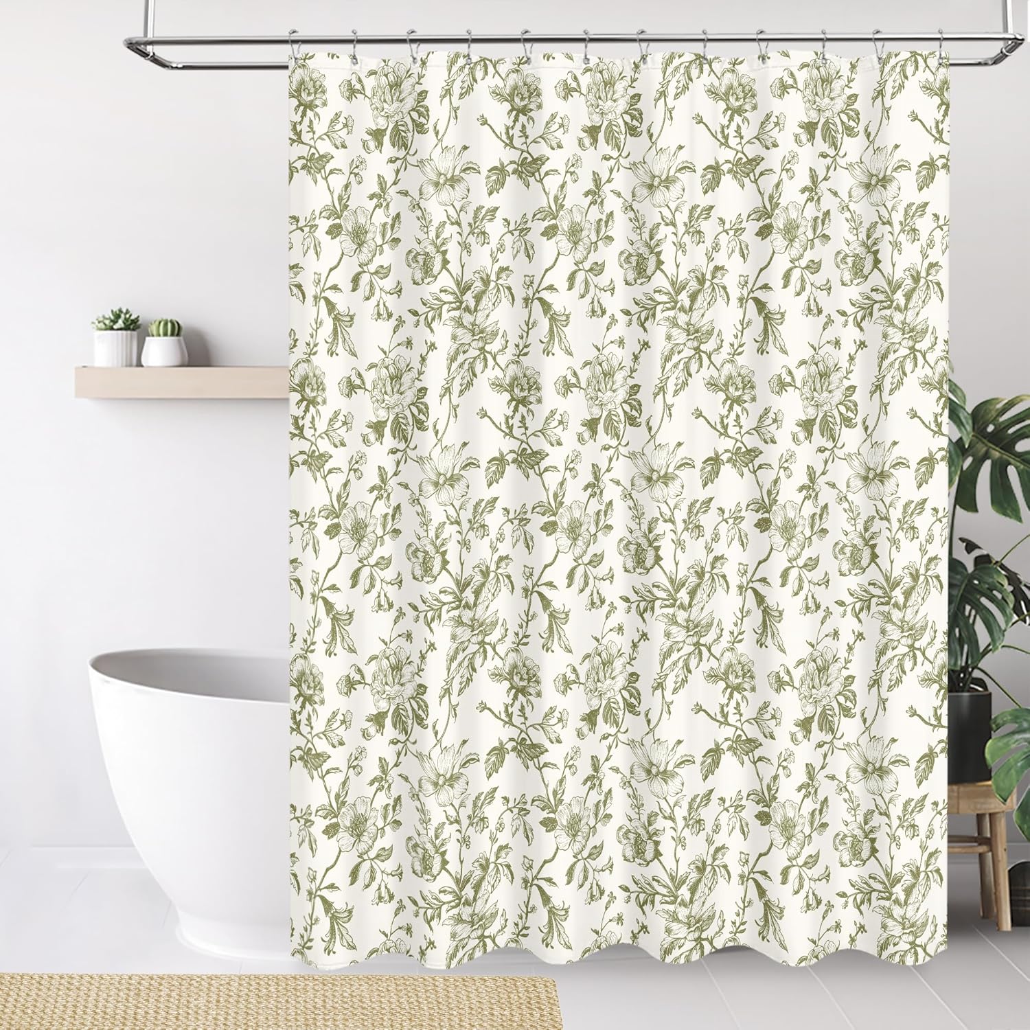 Tititex Boho Rustic Sage Green Flower Faux Linen Shower Curtain, Vintage Bathroom Decoration Shower Curtain Sets 72x72 in with Hooks