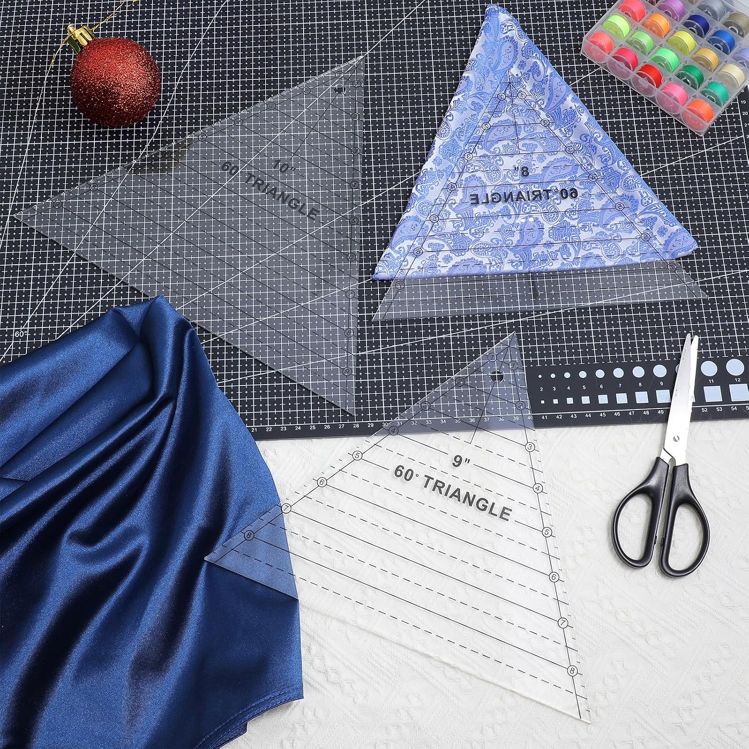 3 Pcs 60 Degree Triangle Ruler for Quilting, 8, 9, 10 Inch Acrylic Template Ruler Non-Slip Transparent Quilting Sewing Tool Patchwork Supplies for Charm Packs, Layer Cakes, Fabric Strips