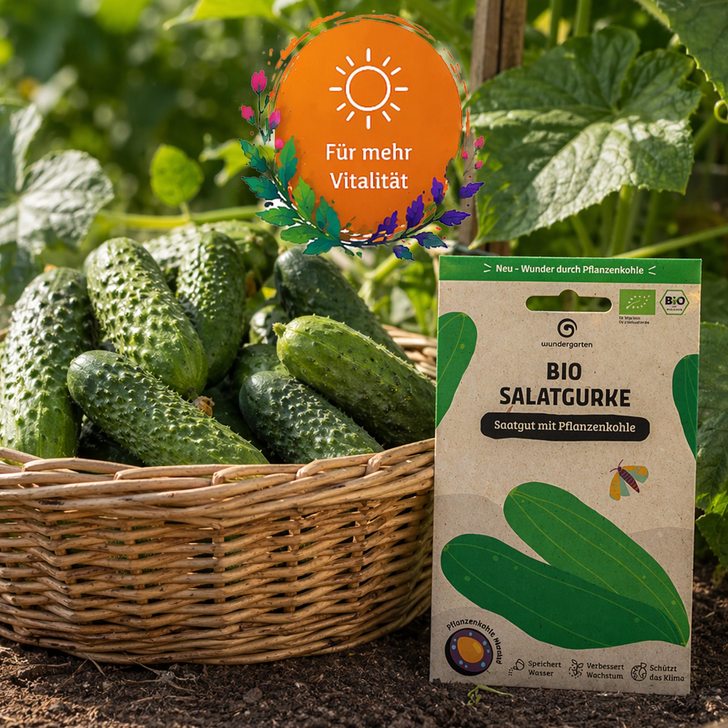 20x Bio Salatgurke Saatgut Delikatess – Wundergarten – Mit Pflanzenkohle-Mantel – Hohe Keimrate & saftige Gurken – Gemüsesamen für Garten, Hochbeet & Balkon
