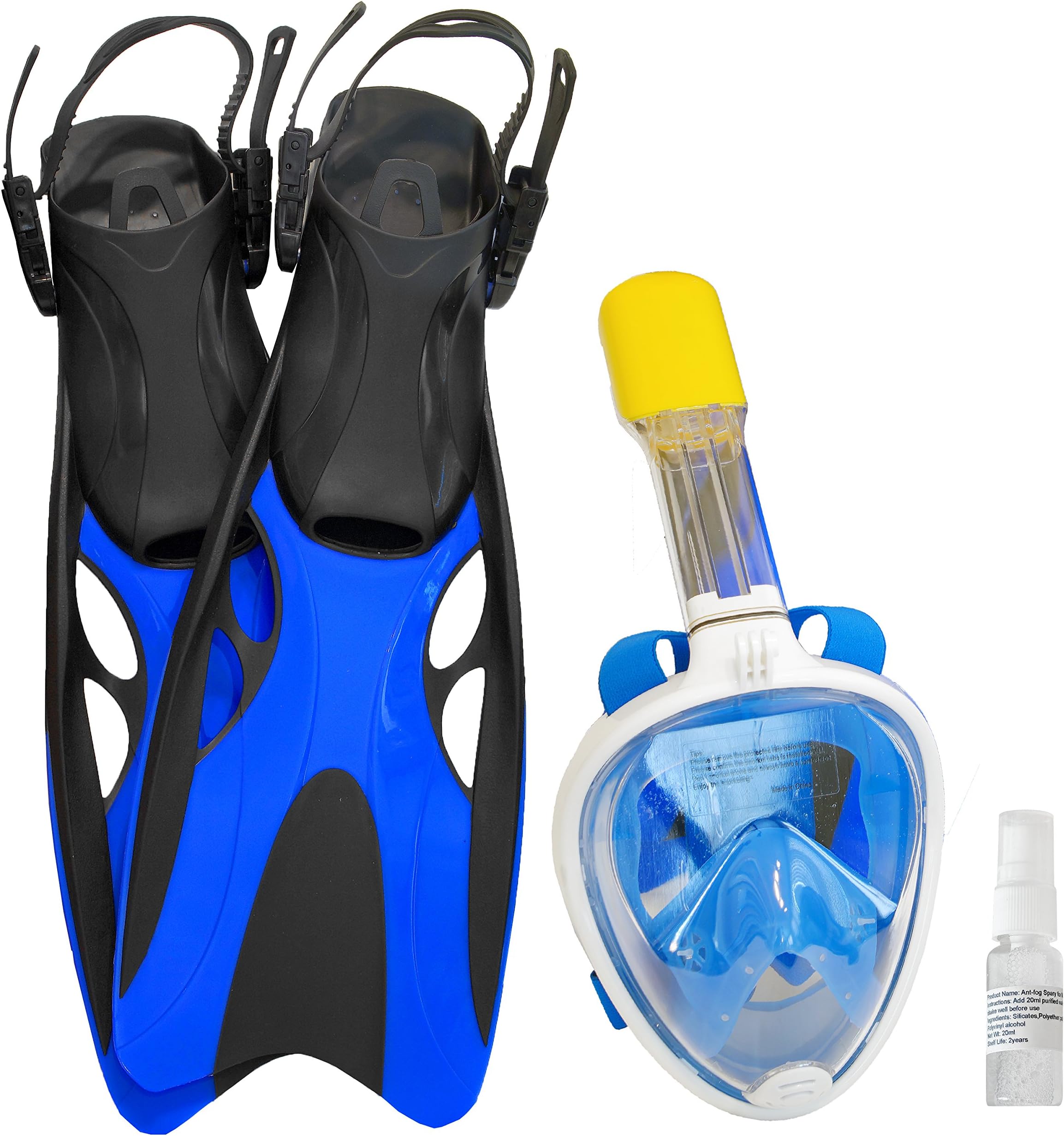 PlaySAFE 180 GoPro Compatible Full Snorkel Mask Set for Adults with Adjustable Fins Plus 20ml Anti Fog Spray (Blue/Blue Fins, Large/X-Large)