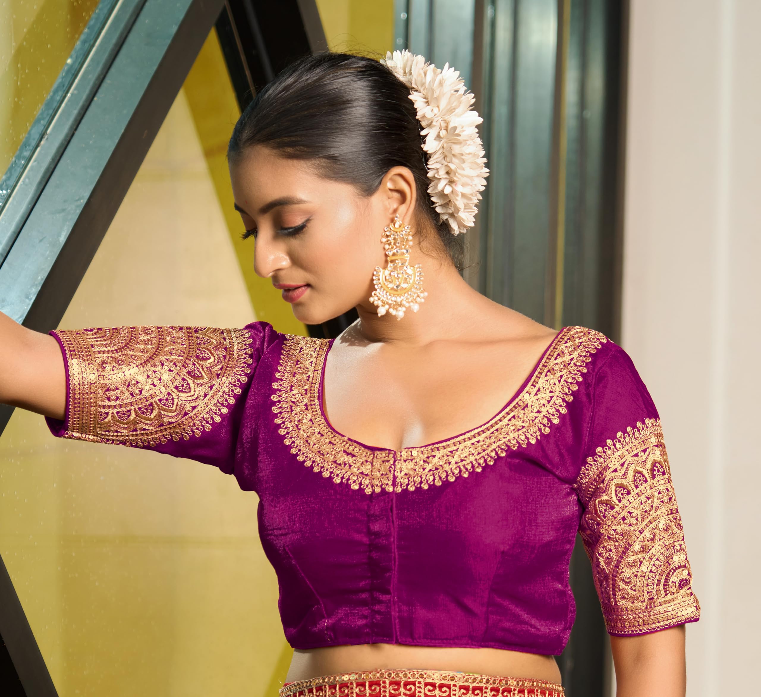 Vihu Fashion Women's Readymade Blouse Embroidery Multi Coding Dull Golden Sequence Work Indian Ethnic Designer Stitched Readymade Saree Half Sleeve Wine Blouse For Women For Saree Lehenga Choli