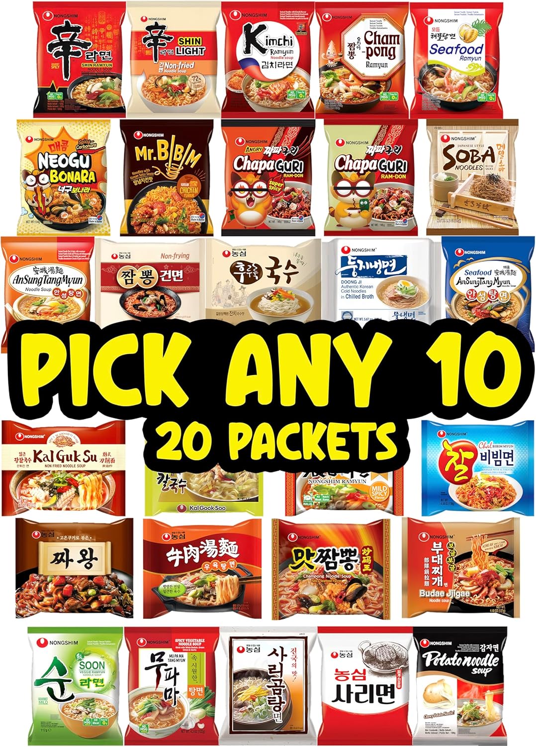 Nongshim Noodles Mix & Match Any 10 Flavours A Carnival of Culinary Delights (20 Packets in