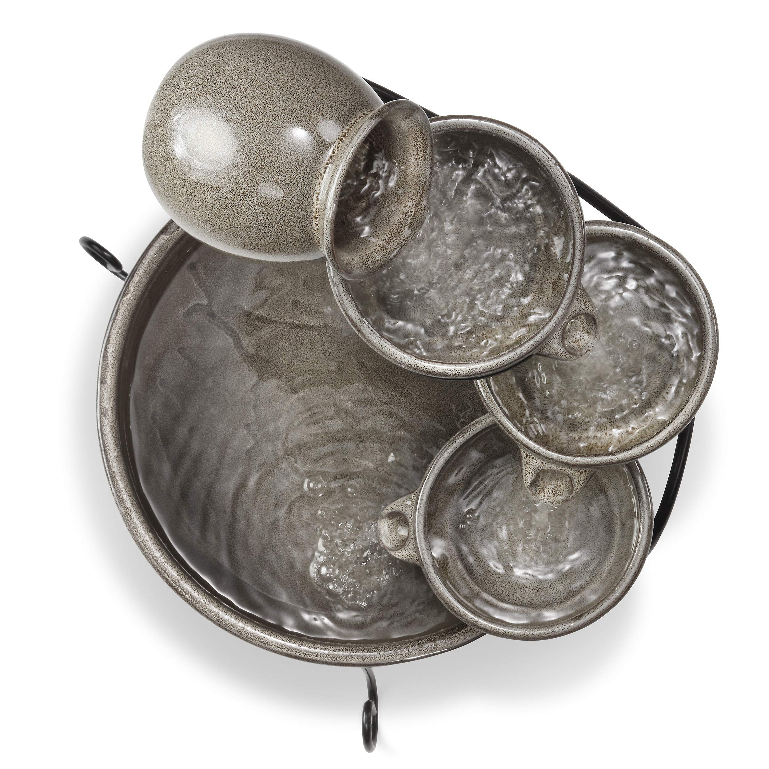 esotec Solar Kaskadenbrunnen Keramik Gartenbrunnen Pisa, Akku + LED Wasserspiel Springbrunnen außen, terrakotta grau H=55cm 101300