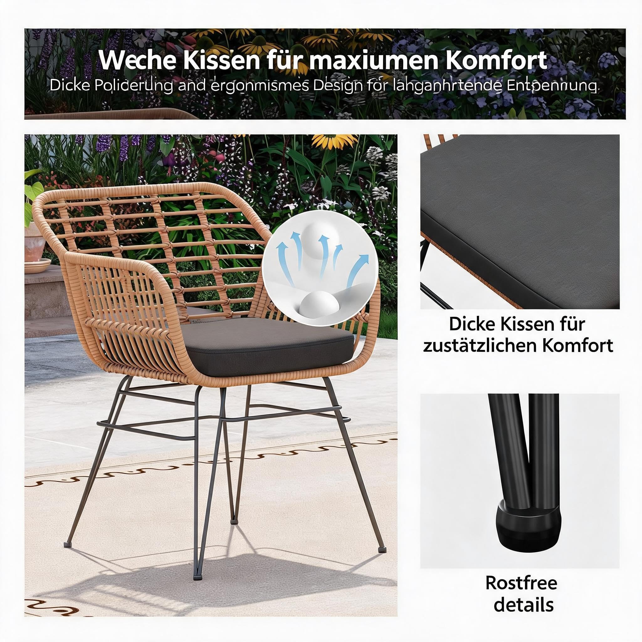 Gartenmöbel Set 3-TLG, Balkonmöbel Set aus Poly-Rattan, Wetterfest Bistroset mit 2 Stühlen und Bistrotisch, Outdoor Rattan Sitzgruppe mit Kissen für Garten, Balkon, Terrasse, Natur