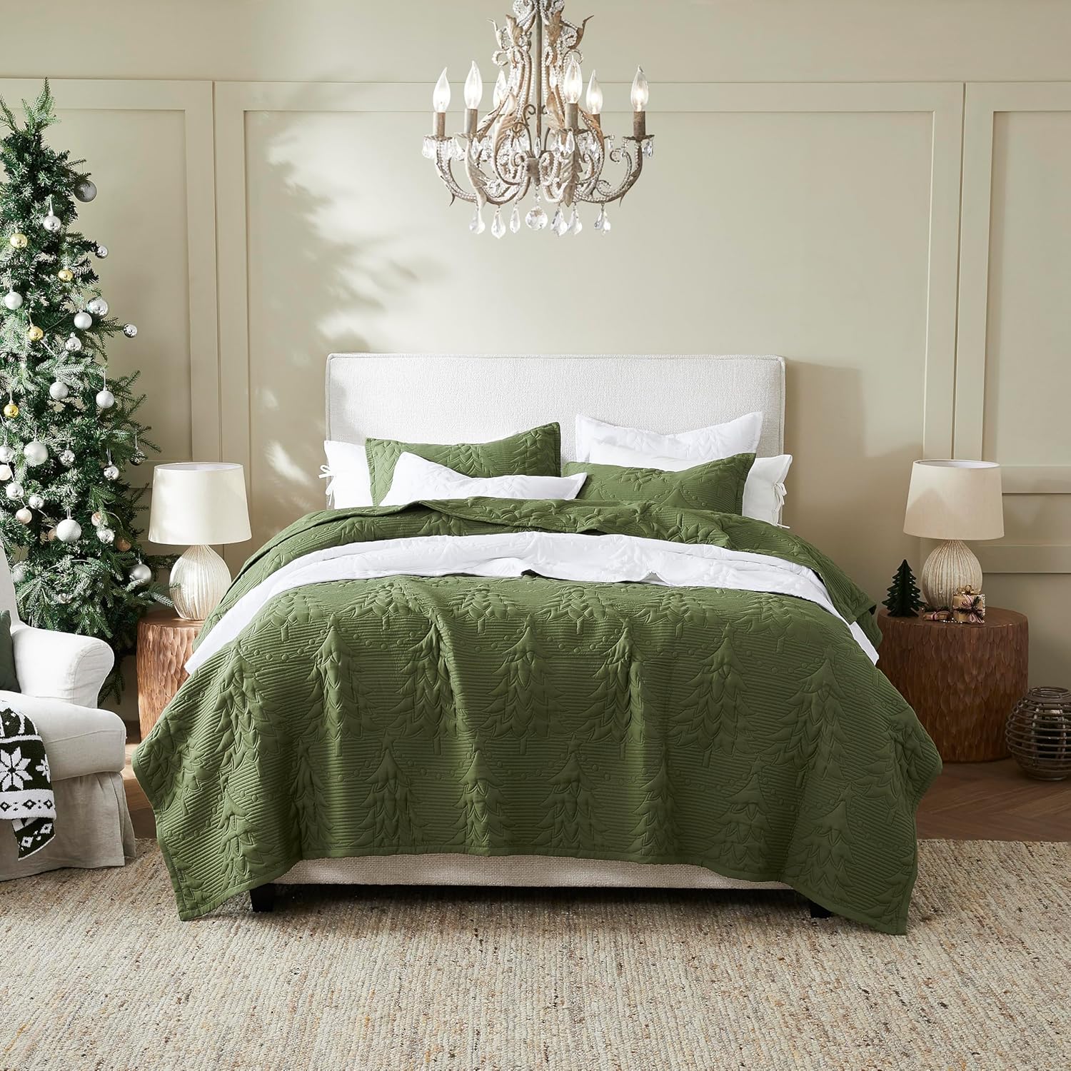 WDCOZY Olive Green Christmas Oversized California King Size Quilt Bedding Sets with Pillow Shams, Cal King Soft Lightweight Bedspread Coverlet, 3 Pieces, 118x106 inches - Image 2