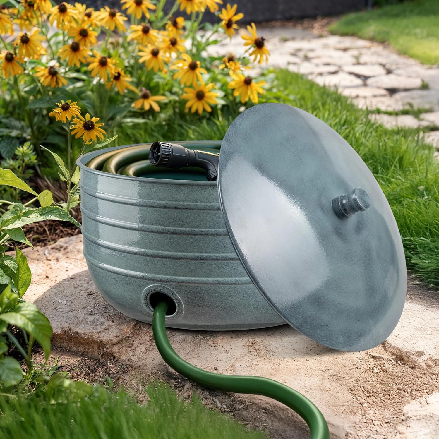 Monarch Abode Garden Hose Holder with Lid – Decorative Water Hose Holders for Outside, Border Embossed Metal Patina Pot with Drainage, 100ft Waterhose Holder for Outside, Garden Storage Caddy