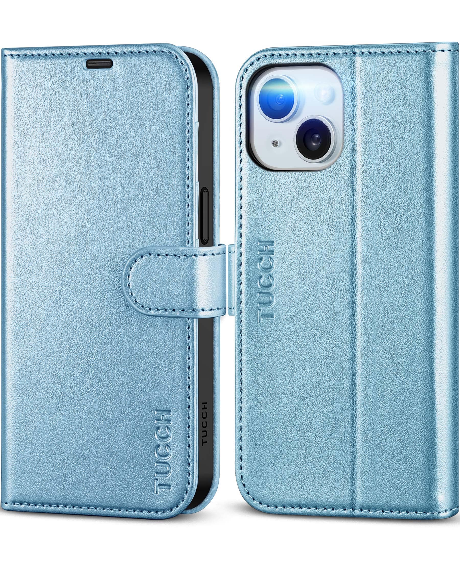TUCCHCase for iPhone 15 Wallet Case 5G, [RFID Blocking] 4 Card Holder Stand [Shockproof TPU Interior Case] PU Leather Magnetic Protective Flip Cover Compatible with iPhone 15 6.1", Shiny Light Blue